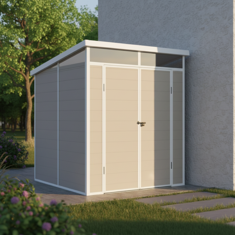 Abri de jardin résine 3,24m² beige toit plat avec plancher et double porte Jôbu - Image 1