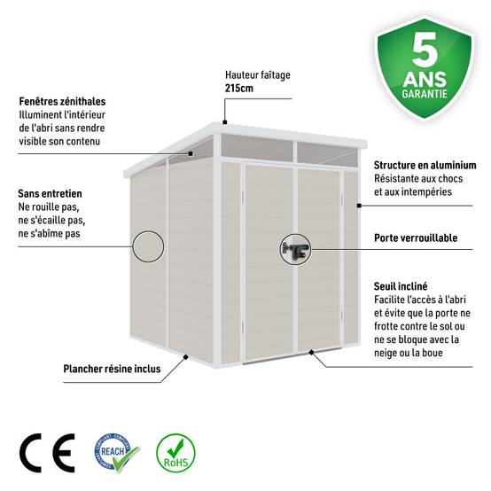 Abri de jardin résine 3,24m² beige toit plat avec plancher et double porte Jôbu - Image 3