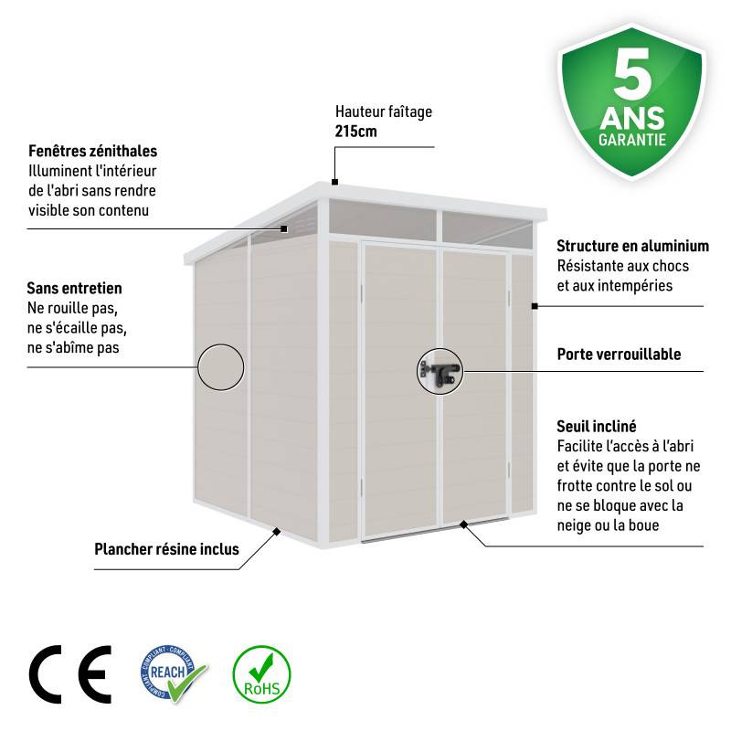 Abri de jardin résine 3,24m² beige toit plat avec plancher et double porte Jôbu - Image 3