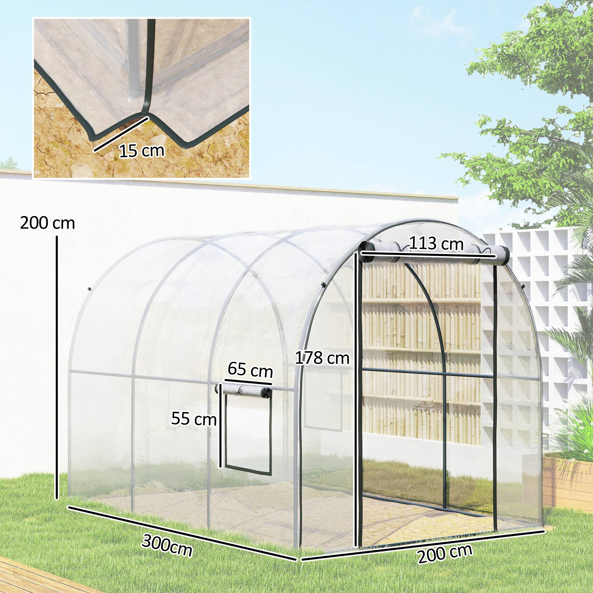 Serre tunnel de 3 x 2 x 2 m avec porte enroulable, 2 fenêtres grillagées et structure en acier transparent - Image 5