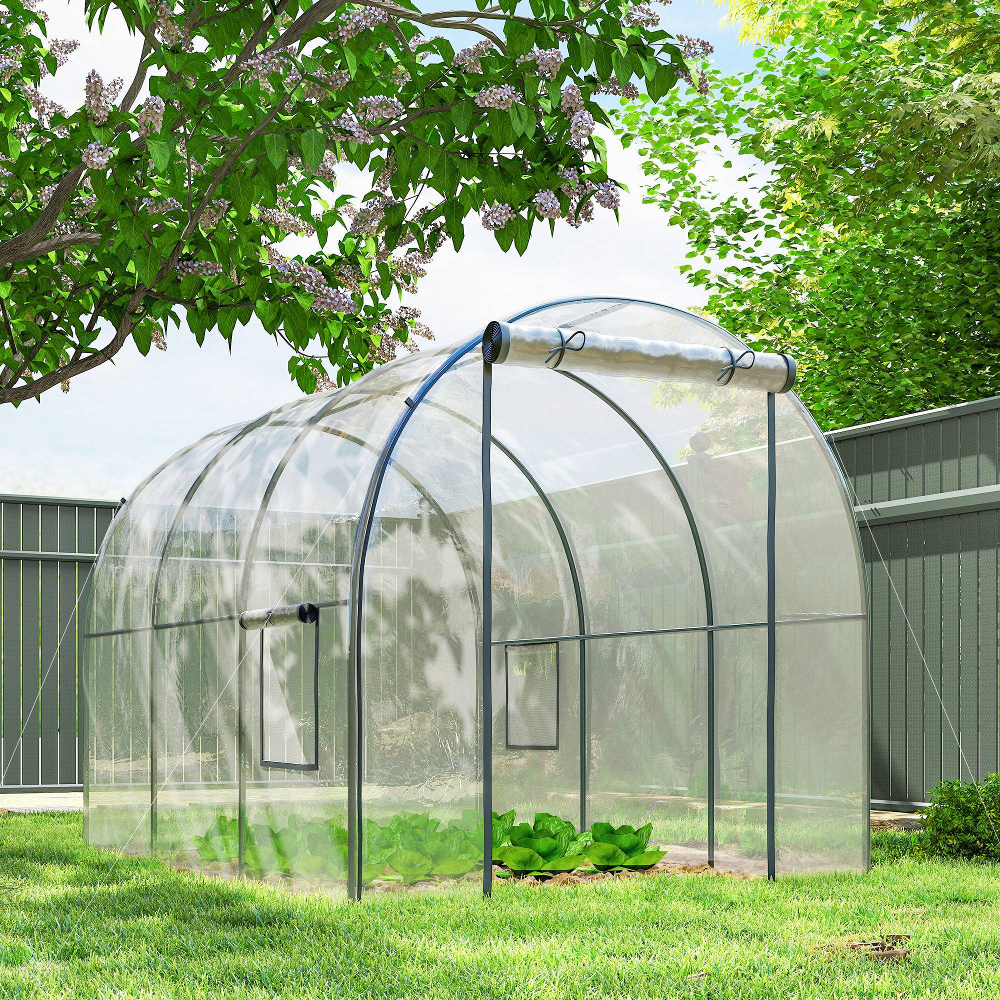 Serre tunnel de 3 x 2 x 2 m avec porte enroulable, 2 fenêtres grillagées et structure en acier transparent - Image 4