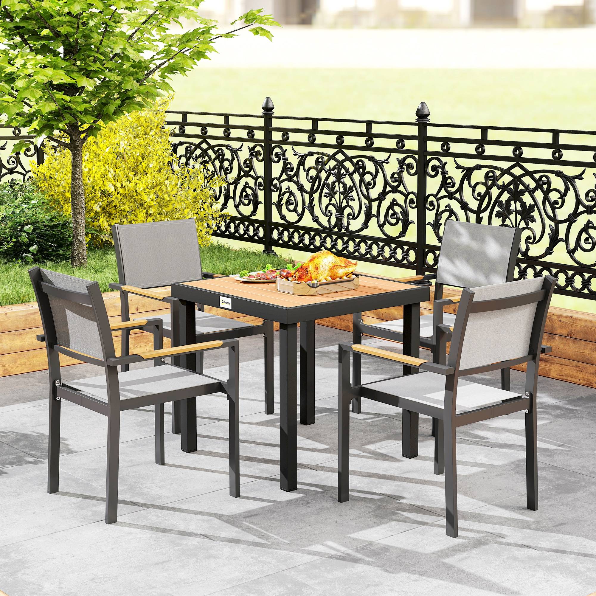 Table à manger de jardin pour 4 personnes, en aluminium, 78 x 78 x 74 cm, couleur aspect bois naturel - Image 10