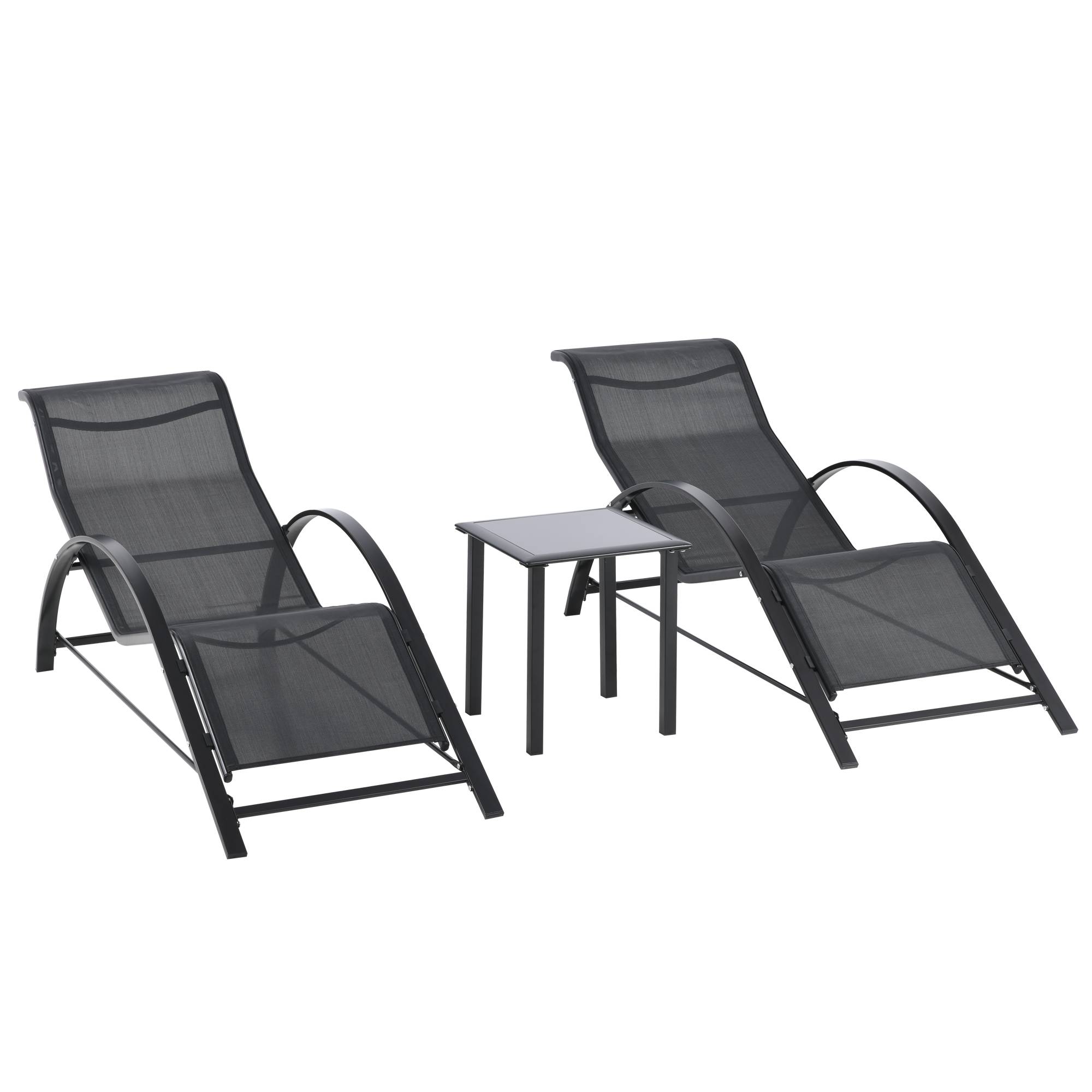 ComfortXL - Salon de jardin 3 pièces métal noir 2 bains de soleil et table d’appoint pour terrasse piscine extérieur - Image 10