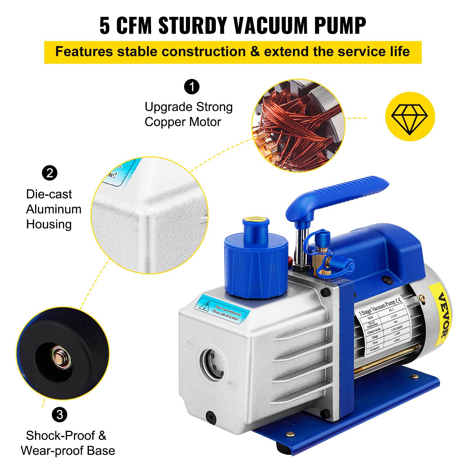 VEVOR Pompe à vide 141 L/min chambre à vide 19L avec pompe rotative 1 étage 5 CFM 1/3 HP. - Image 3