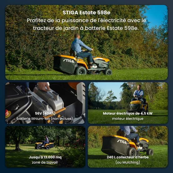 Stiga - Tracteur de jardin électrique Estate 598e, Batterie non inclus, Largeur 98 cm, silencieux et sans émissions - STIGA - Image 2