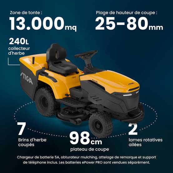 Stiga - Tracteur de jardin électrique Estate 598e, Batterie non inclus, Largeur 98 cm, silencieux et sans émissions - STIGA - Image 7