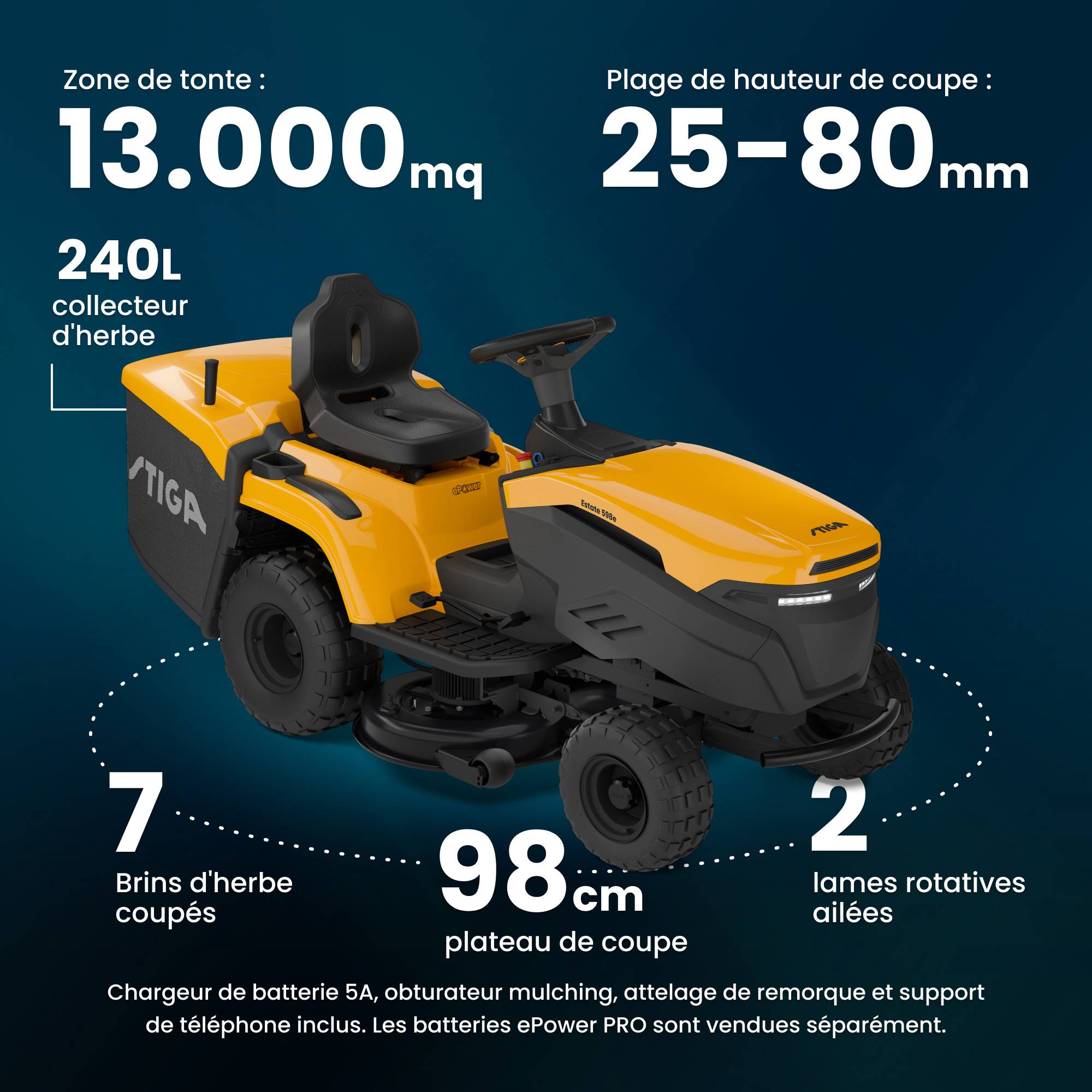 Stiga - Tracteur de jardin électrique Estate 598e, Batterie non inclus, Largeur 98 cm, silencieux et sans émissions - STIGA - Image 7