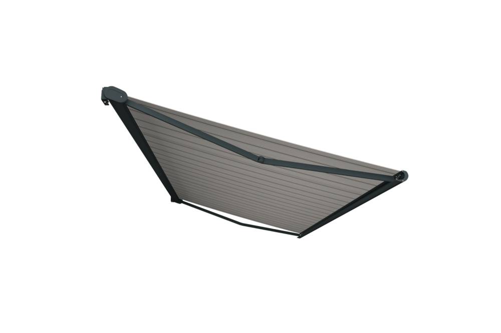 Ombrazur - Store banne Coffre intégral PROTECT 2 SMART Gris Anthracite 5x3,5m Motorisé à  télécommande + Capteur Vent - Toile Grise Rayée - Image 1