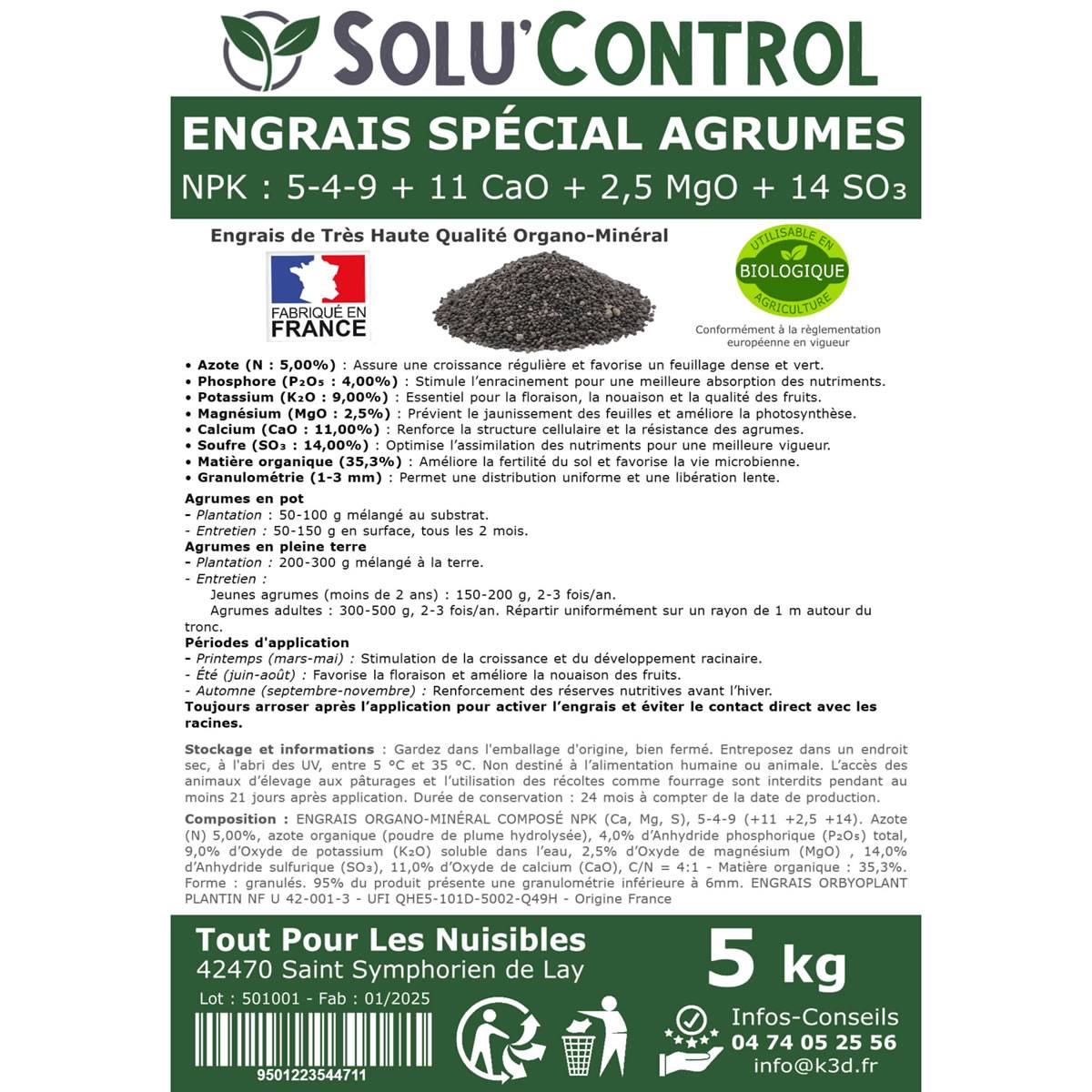 SOLU’CONTROL - Engrais Spécial Agrumes 5 kg - Formulation haute qualité Organo-Minerale - Citronnier, Oranger, Mandarinier, Clémentinier... - Image 3