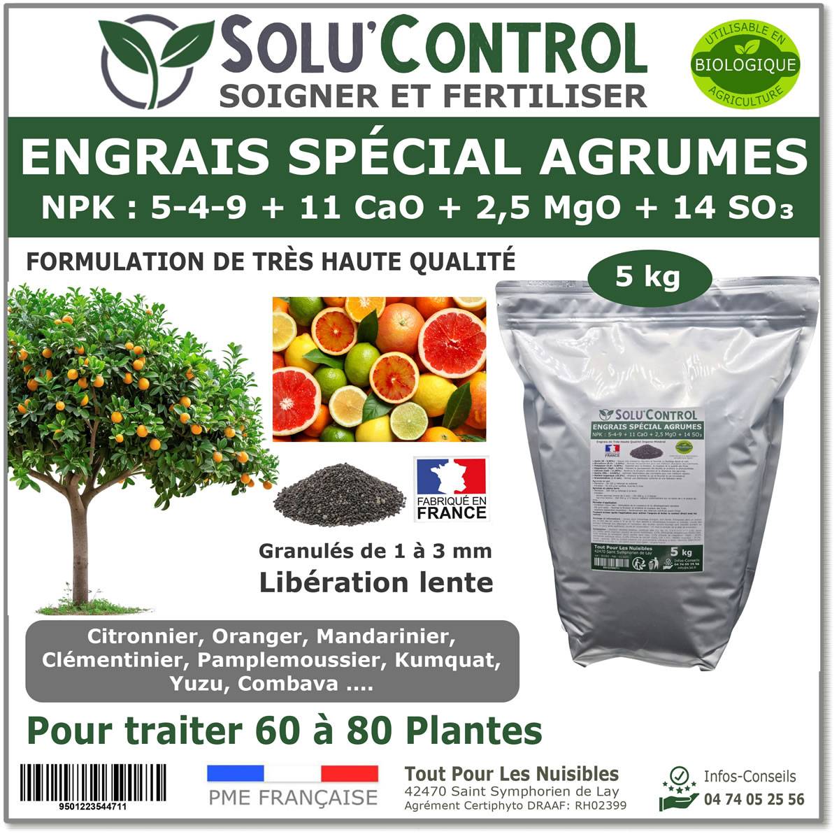 SOLU’CONTROL - Engrais Spécial Agrumes 5 kg - Formulation haute qualité Organo-Minerale - Citronnier, Oranger, Mandarinier, Clémentinier... - Image 1