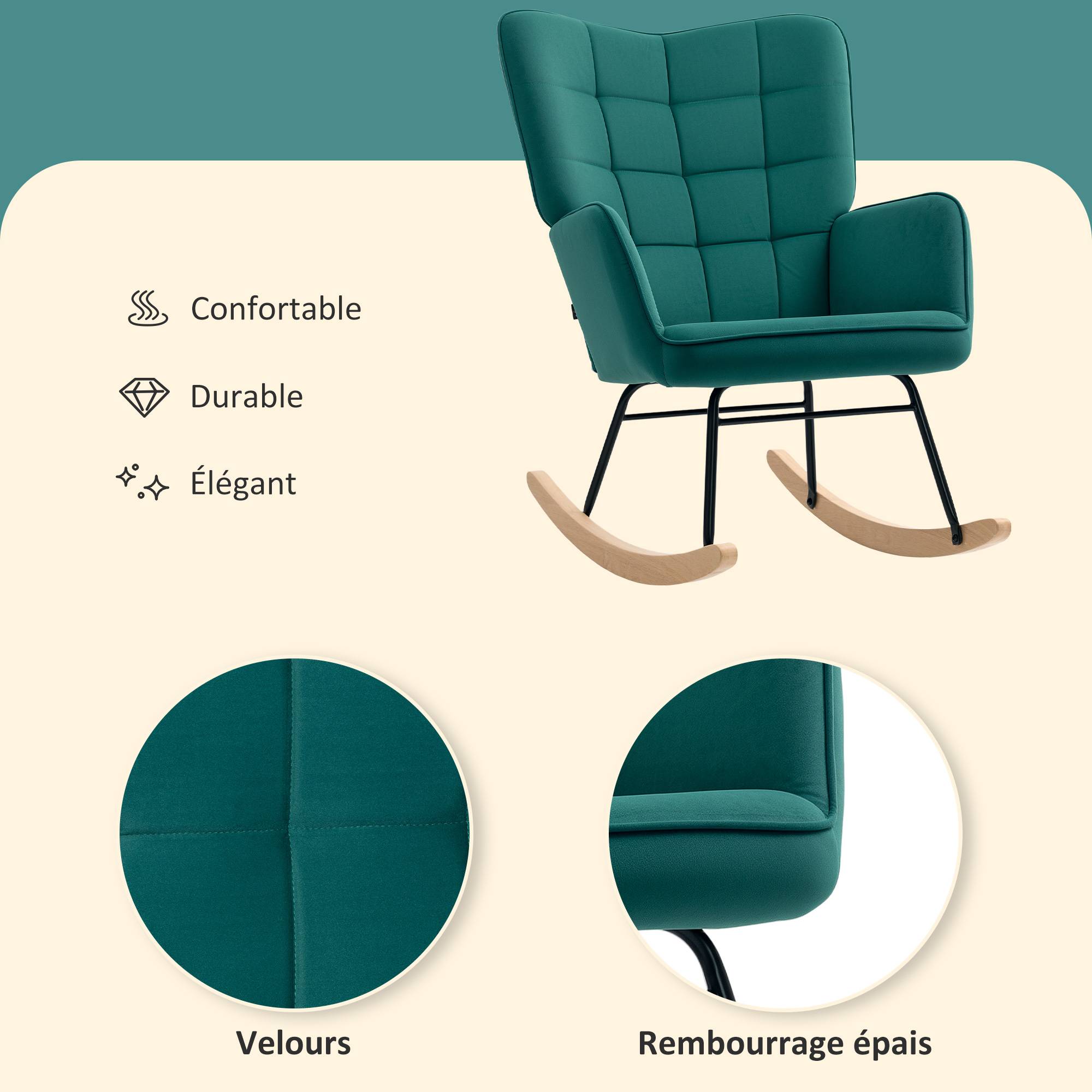 Sans Marque - Fauteuil à bascule rocking chair revêtement en velous structure en acier 71 x 98 x 101 cm Vert - Image 7