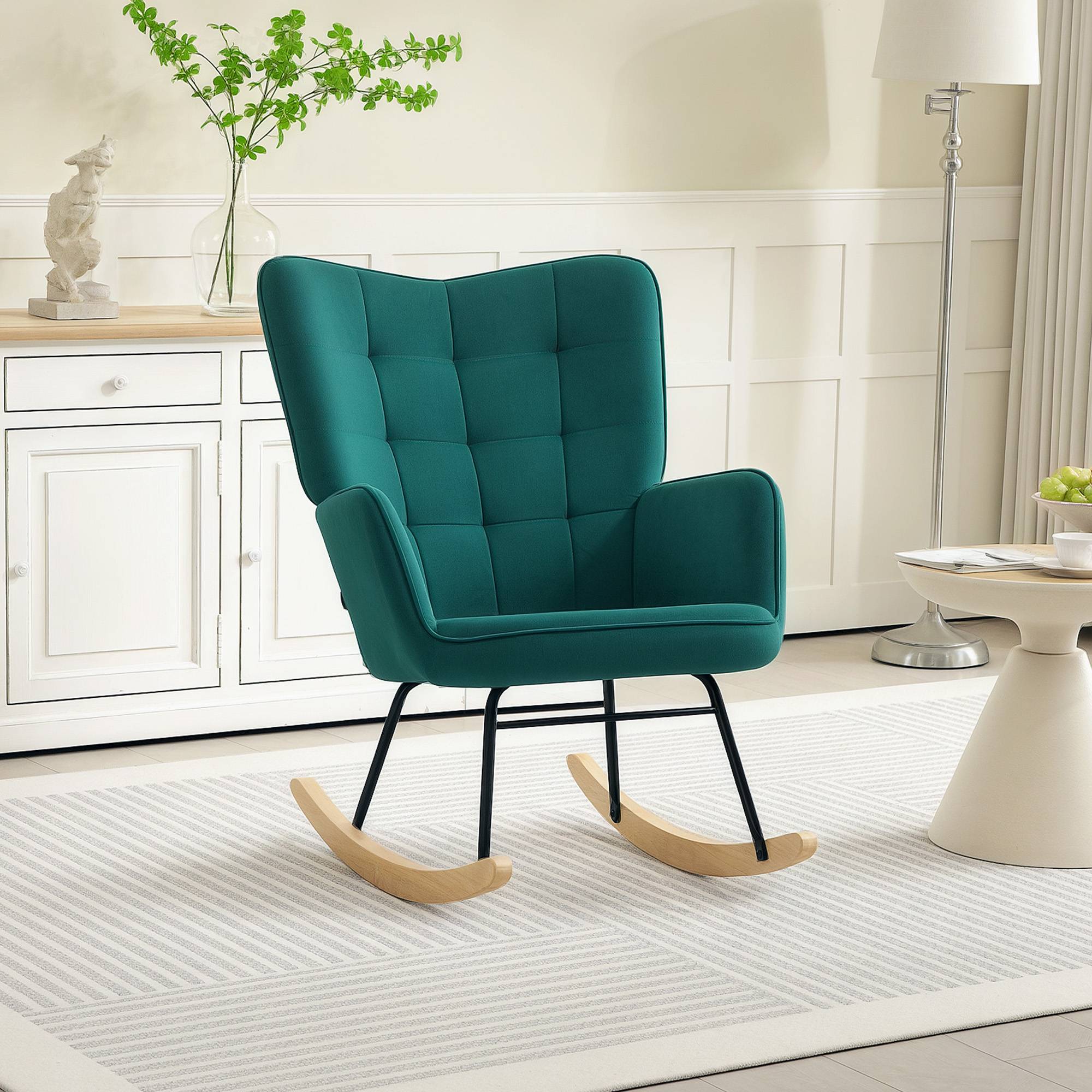 Sans Marque - Fauteuil à bascule rocking chair revêtement en velous structure en acier 71 x 98 x 101 cm Vert - Image 9