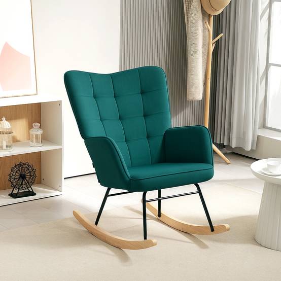 Sans Marque - Fauteuil à bascule rocking chair revêtement en velous structure en acier 71 x 98 x 101 cm Vert - Image 4