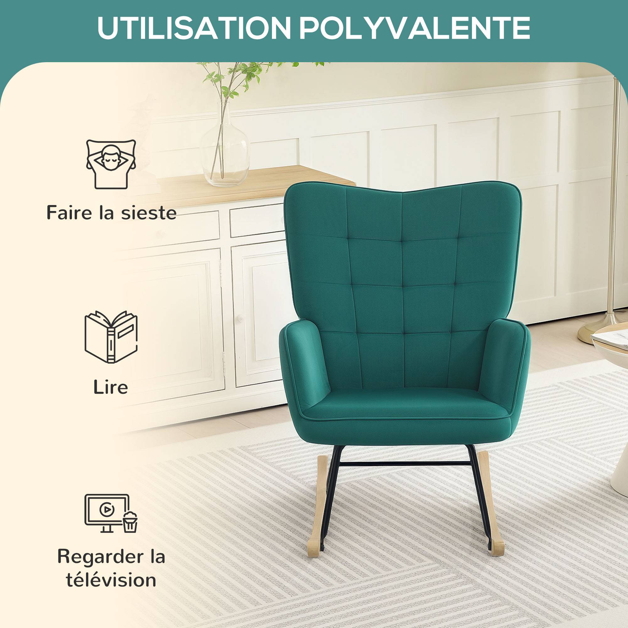 Sans Marque - Fauteuil à bascule rocking chair revêtement en velous structure en acier 71 x 98 x 101 cm Vert - Image 8