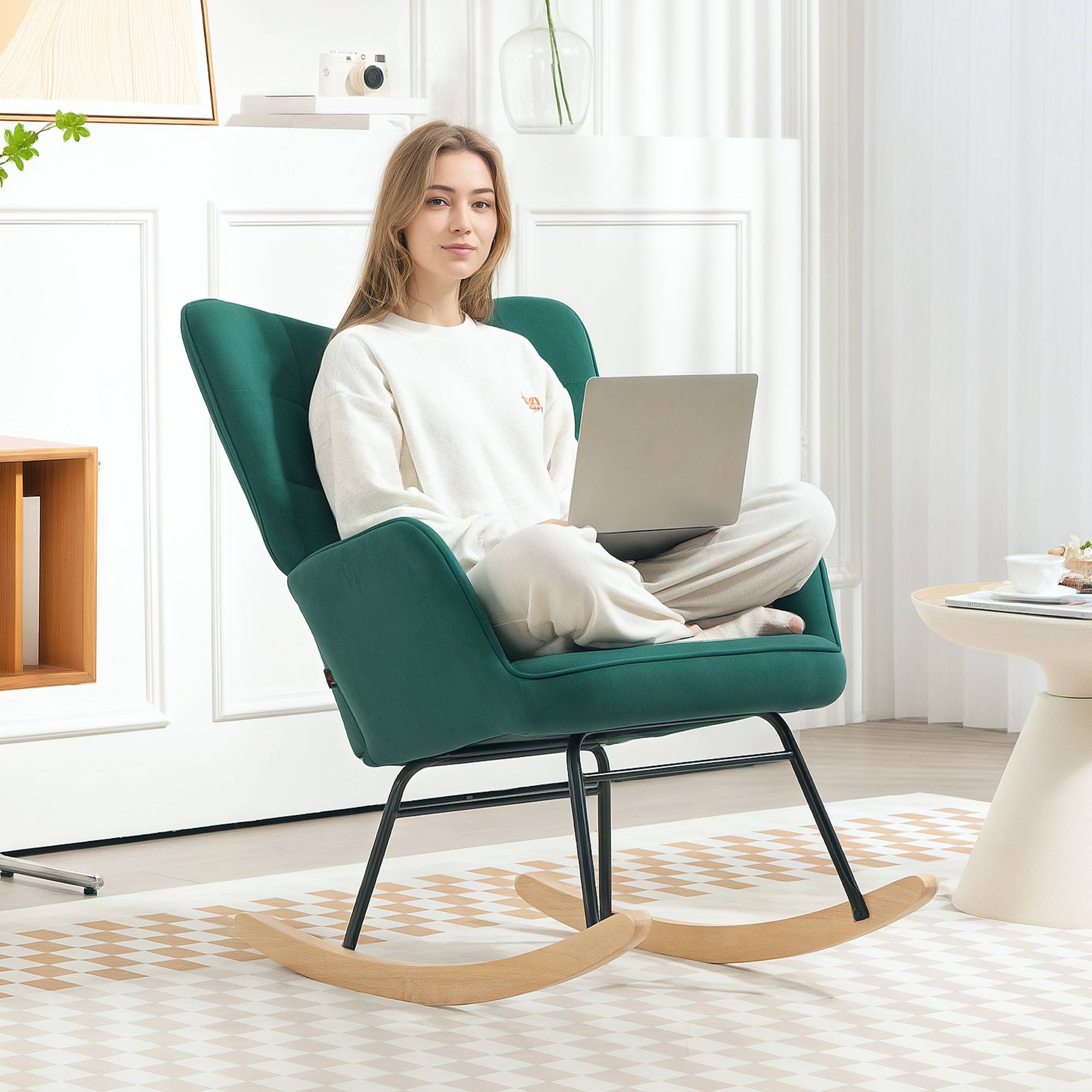Sans Marque - Fauteuil à bascule rocking chair revêtement en velous structure en acier 71 x 98 x 101 cm Vert - Image 10