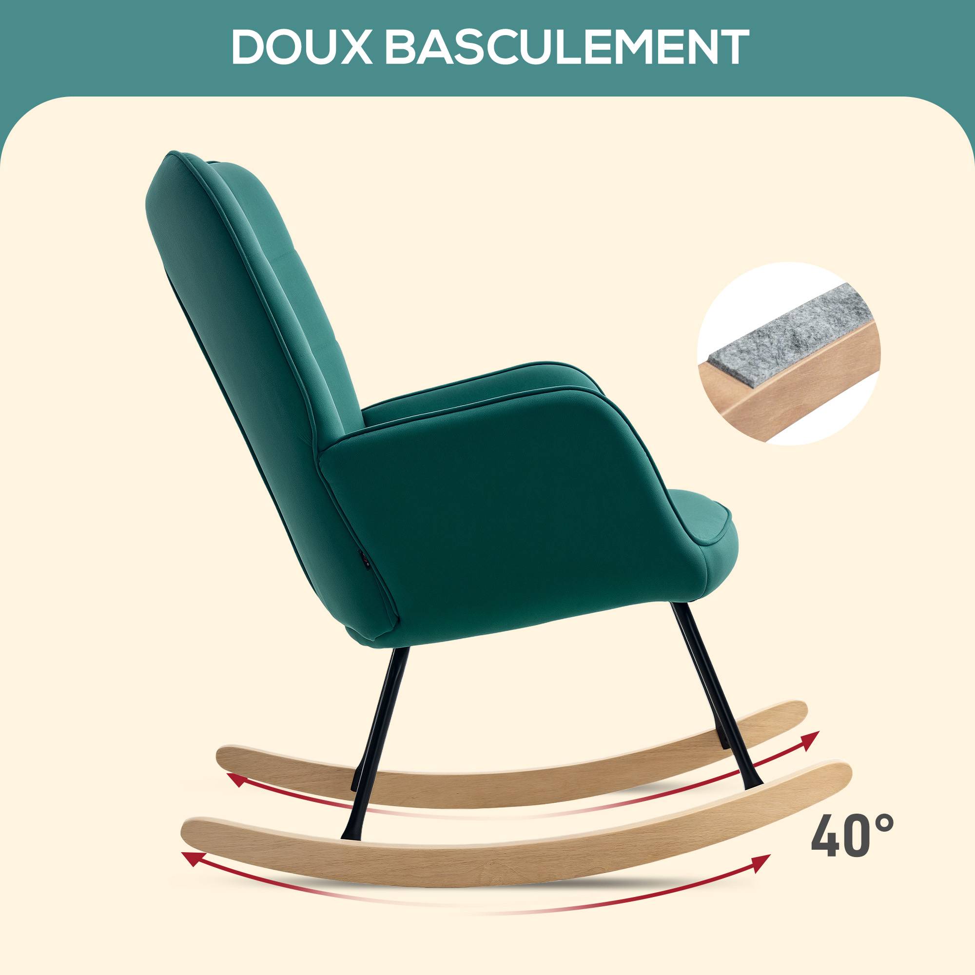 Sans Marque - Fauteuil à bascule rocking chair revêtement en velous structure en acier 71 x 98 x 101 cm Vert - Image 6