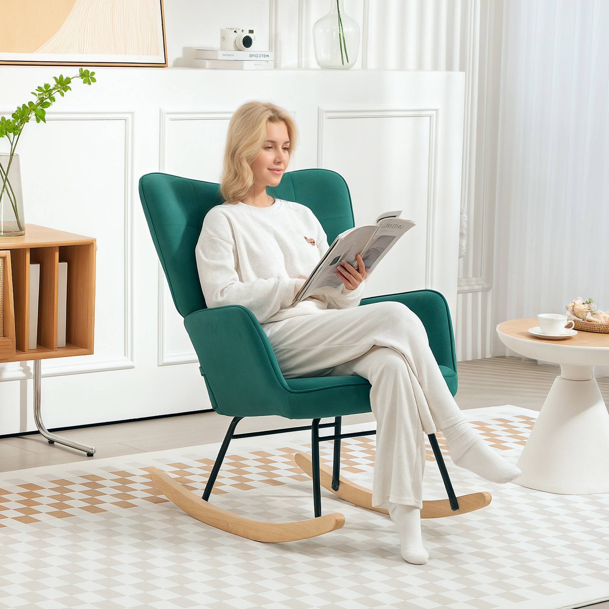Sans Marque - Fauteuil à bascule rocking chair revêtement en velous structure en acier 71 x 98 x 101 cm Vert - Image 3