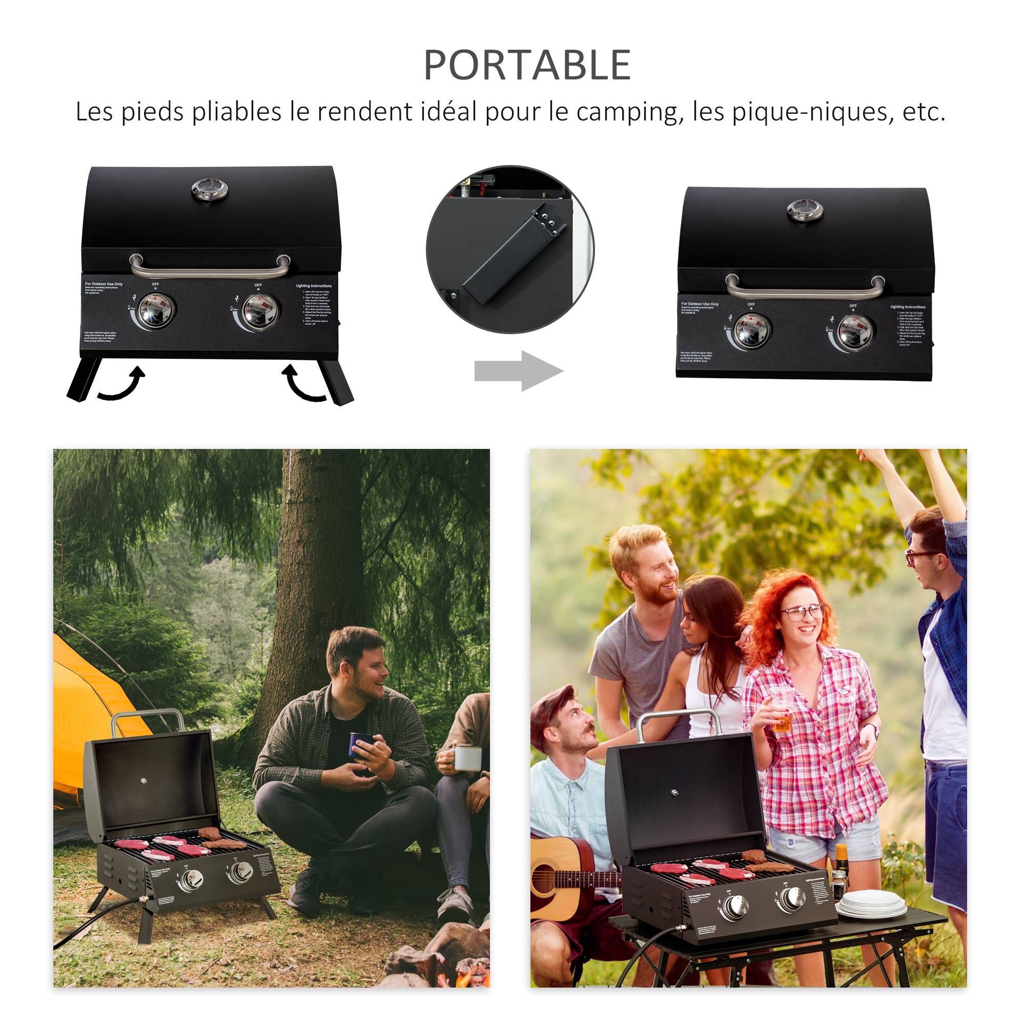Barbecue gaz de Table transportable Pieds Pliables - 2 brûleurs 5 KW - Barbecue gaz de Camping - Grille de - Image 7