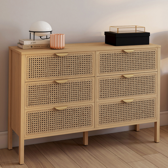 Commode 6 tiroirs EDHEN 115 cm bois et cannage - Image 1