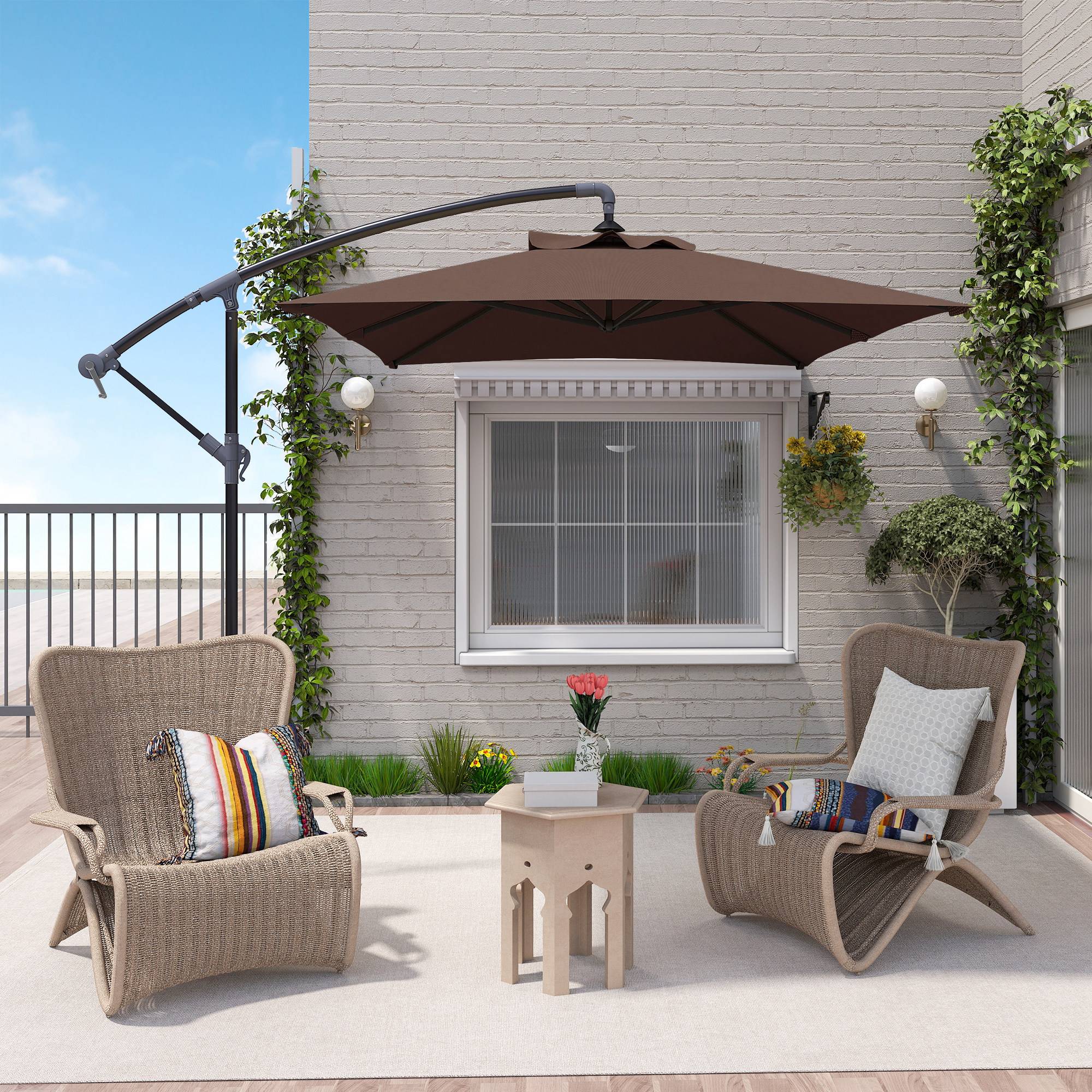 ComfortXL - Parasol déporté polyester acier jardin terrasse protection UV avec manivelle 294x193cm marron - ComfortXL Outdoor Living - Image 3