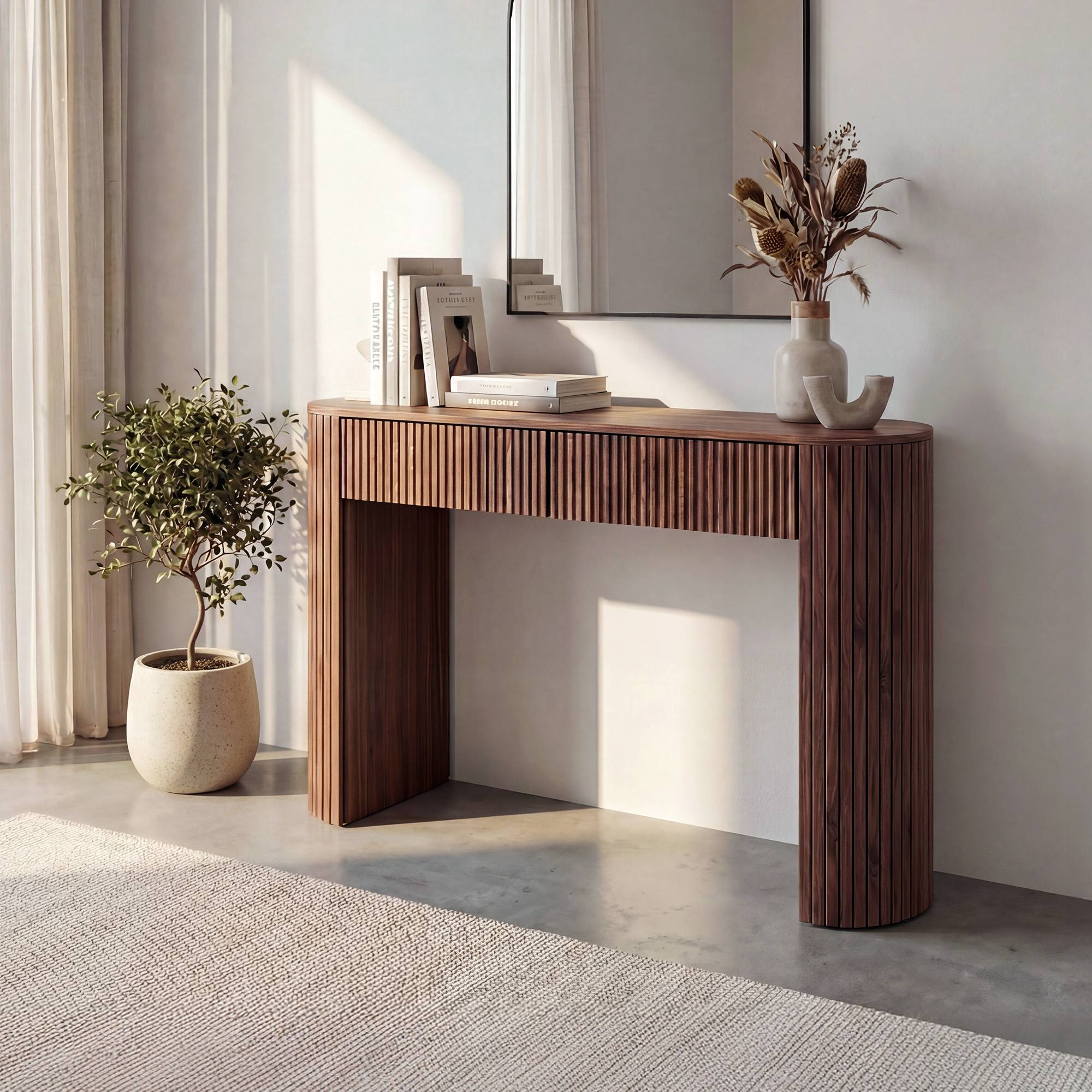 Sicaan Console bohème 120 cm 2 tiroirs, finition noyer ALBA - Image 1