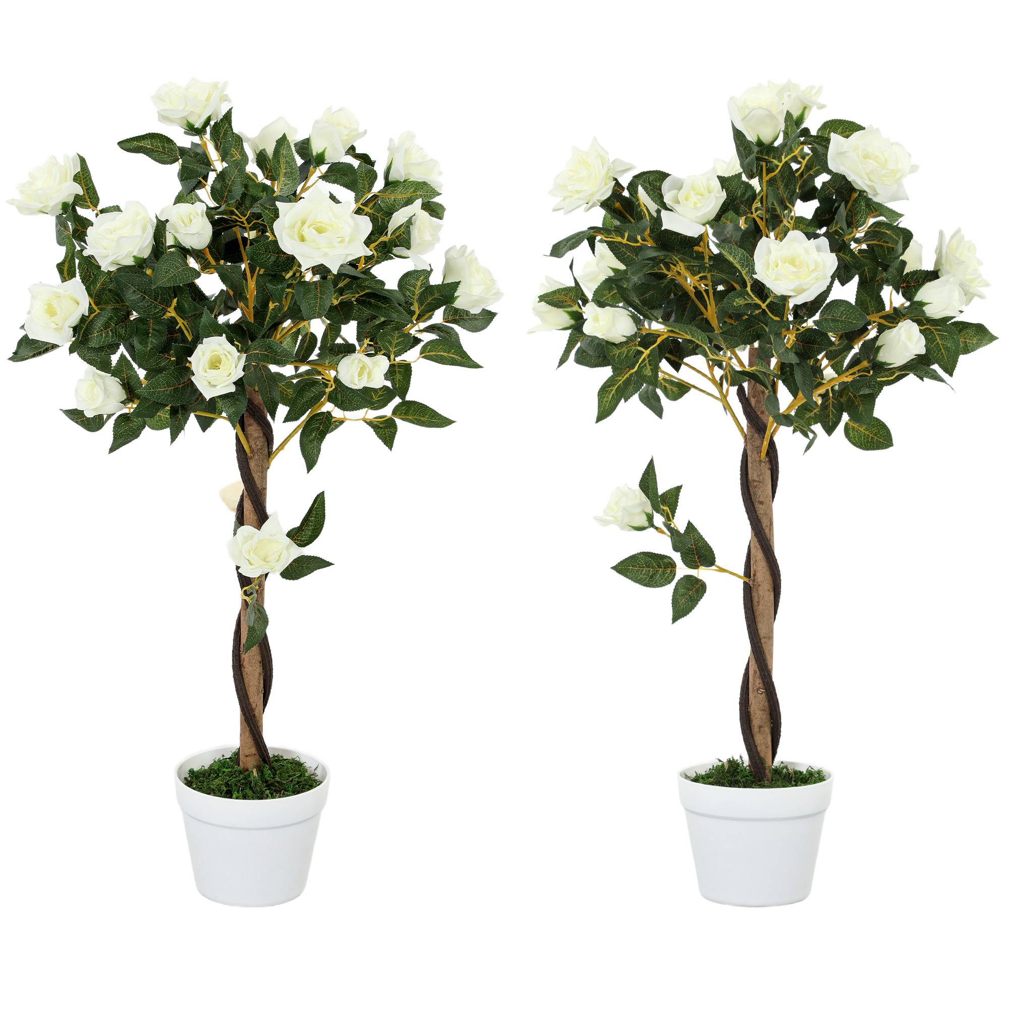 Sans Marque - Rosier artificiel 21 fleurs pot ciment mousse Ø18x90 cm blanc - Image 2