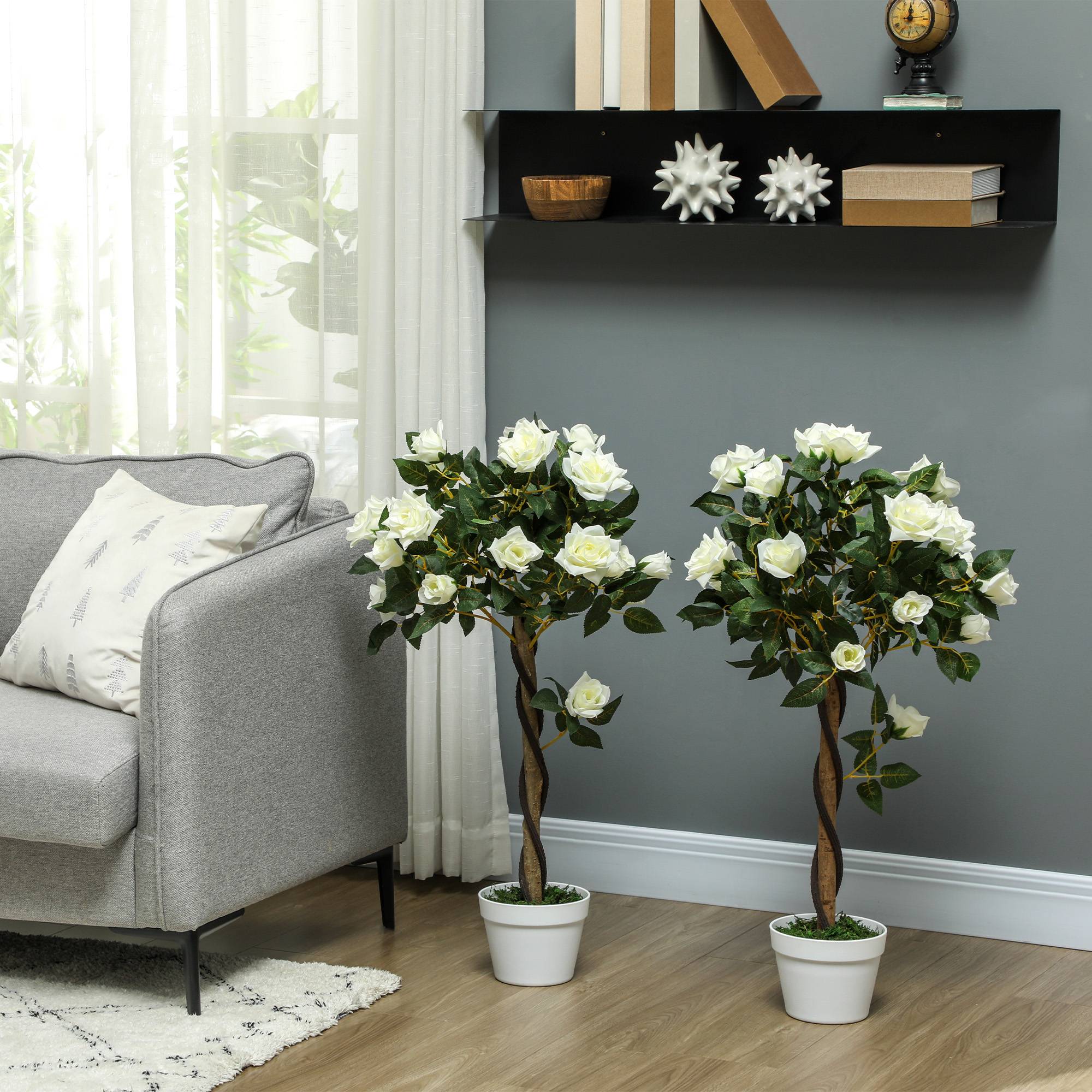 Sans Marque - Rosier artificiel 21 fleurs pot ciment mousse Ø18x90 cm blanc - Image 3
