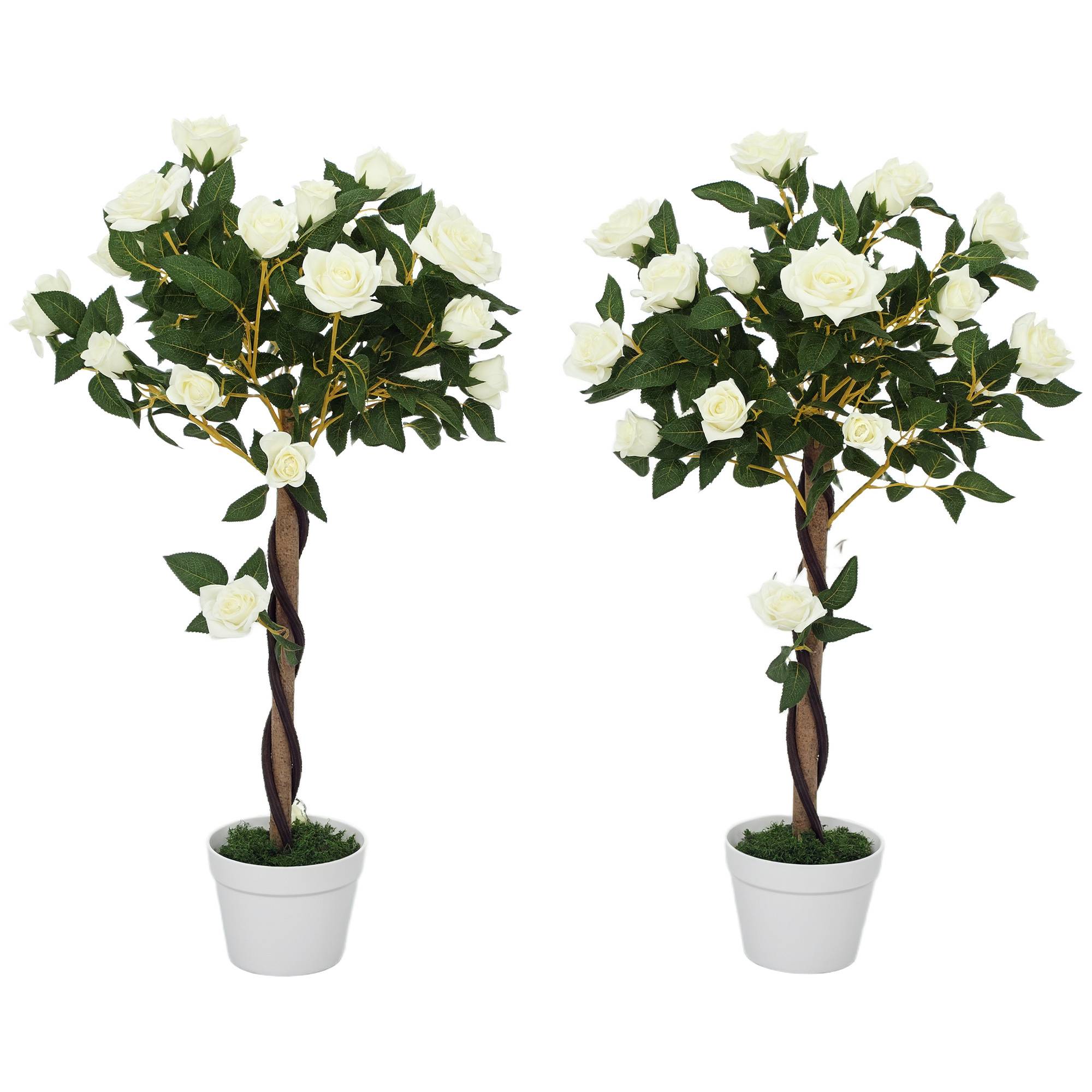 Sans Marque - Rosier artificiel 21 fleurs pot ciment mousse Ø18x90 cm blanc - Image 1