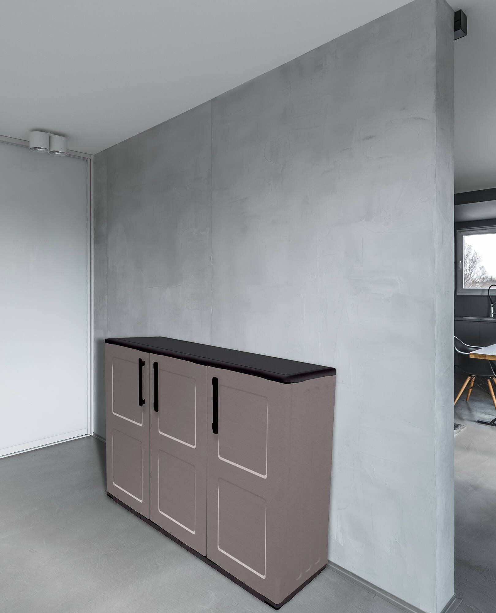 Dmora - Armoire d'extérieur Darmellin, Armoire de balcon polyvalente, Armoire d'extérieur 3 portes, 102x37h84 cm, Gris et Noir, Finition à carreaux - Dmora - Image 2