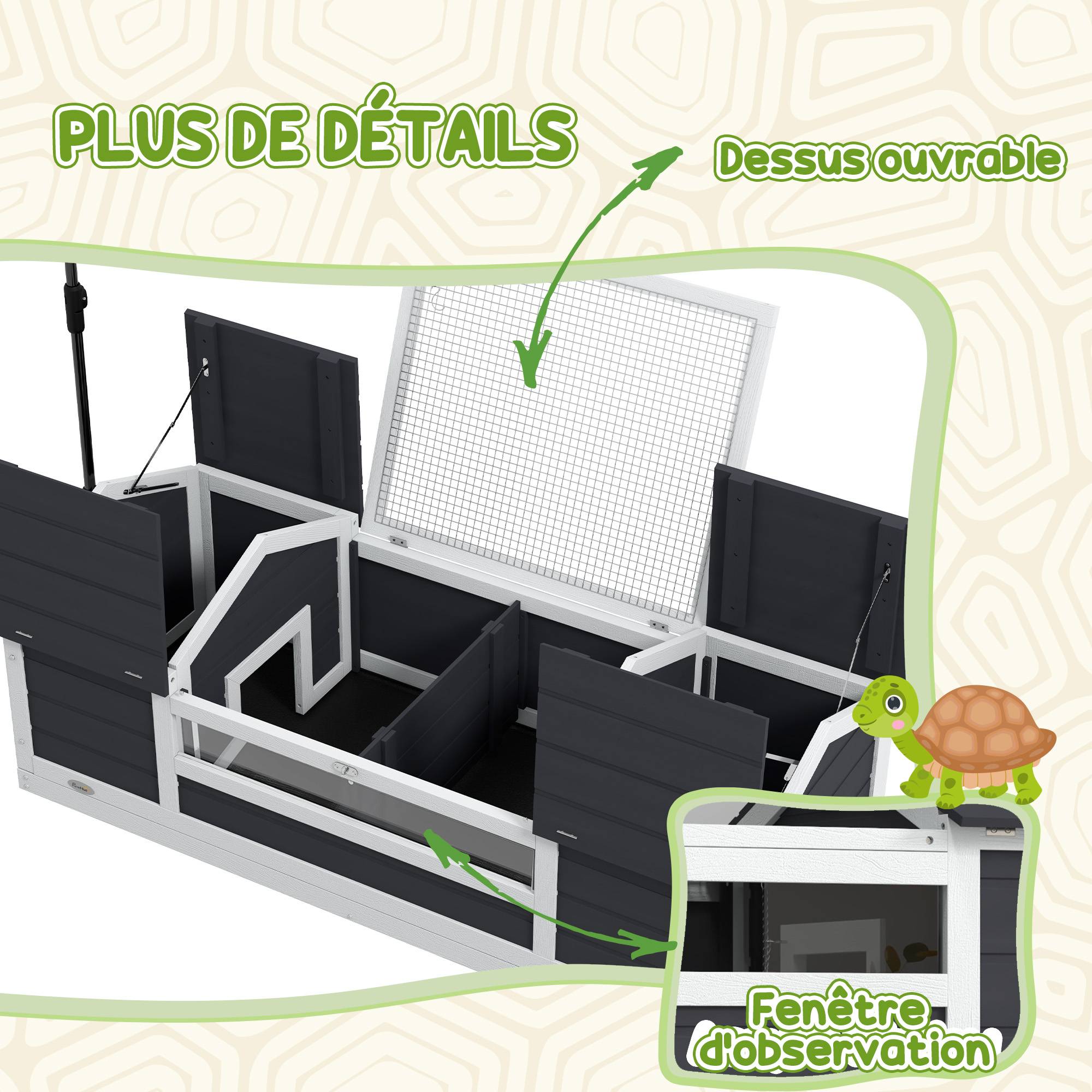 Maison tortue terrestre extérieure enclos tortue 2 niches support de lampe réglable bois massif 120 x 56,5 x 43 cm gris - Image 9