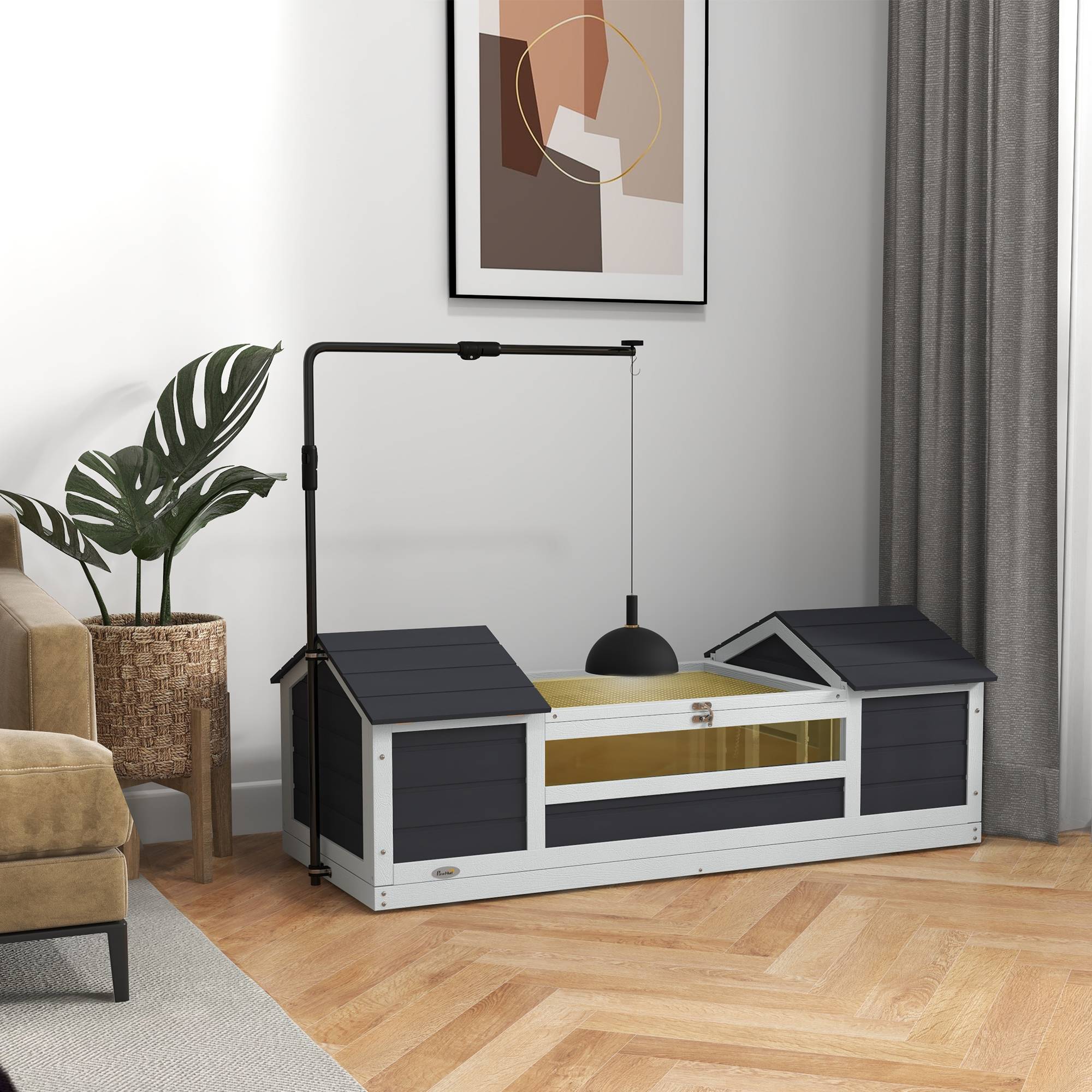 Maison tortue terrestre extérieure enclos tortue 2 niches support de lampe réglable bois massif 120 x 56,5 x 43 cm gris - Image 3