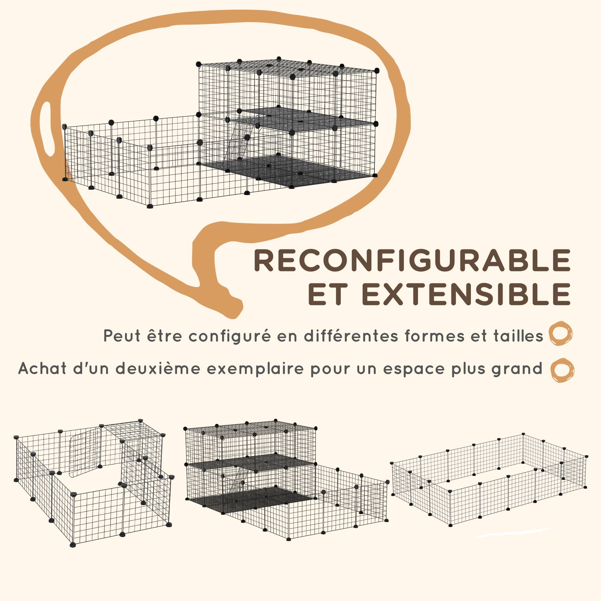 Parc enclos modulable DIY 2 niveaux 45 panneaux grillagés, hamster lapin cochon d'inde, 175x105x70cm, noir - Image 7