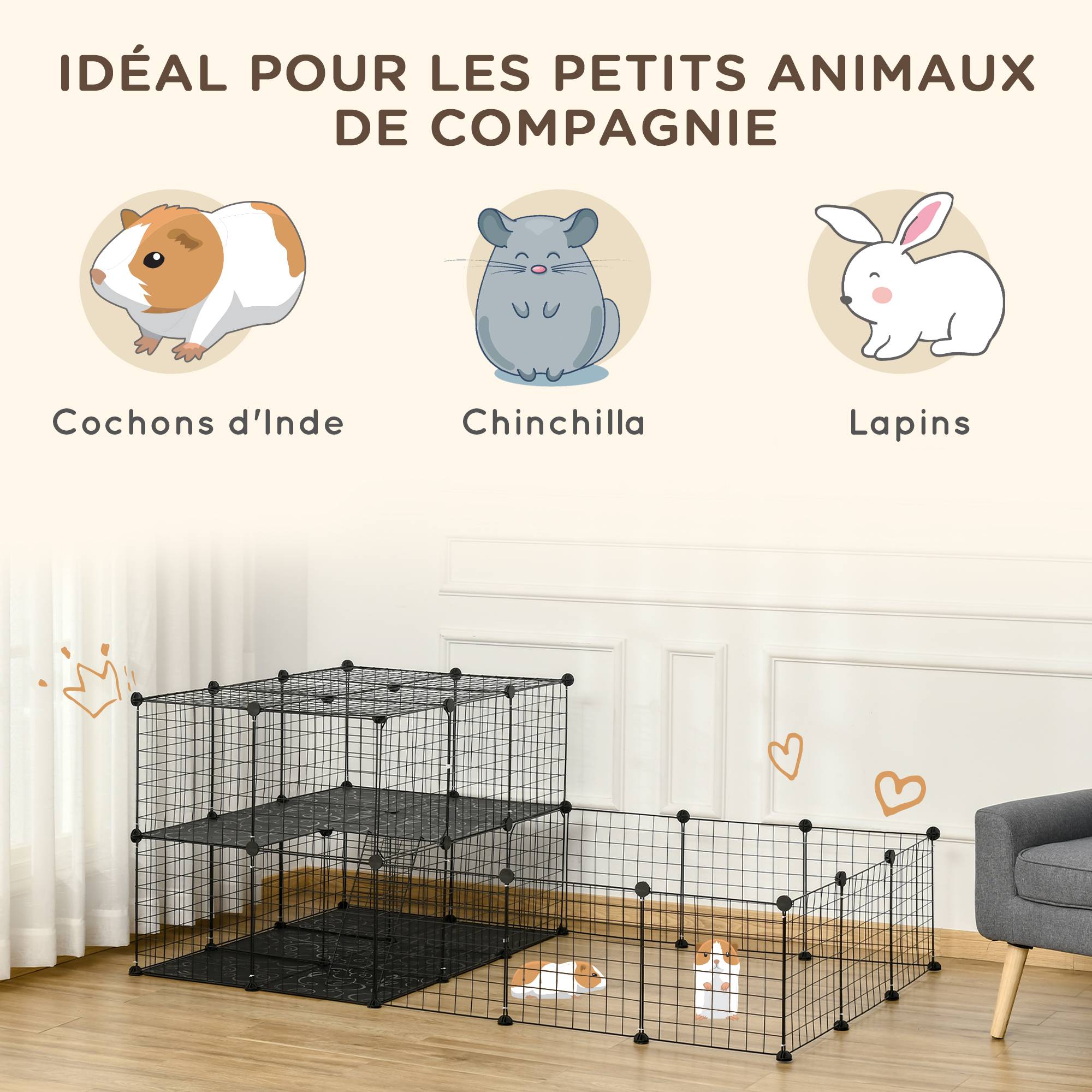 Parc enclos modulable DIY 2 niveaux 45 panneaux grillagés, hamster lapin cochon d'inde, 175x105x70cm, noir - Image 6