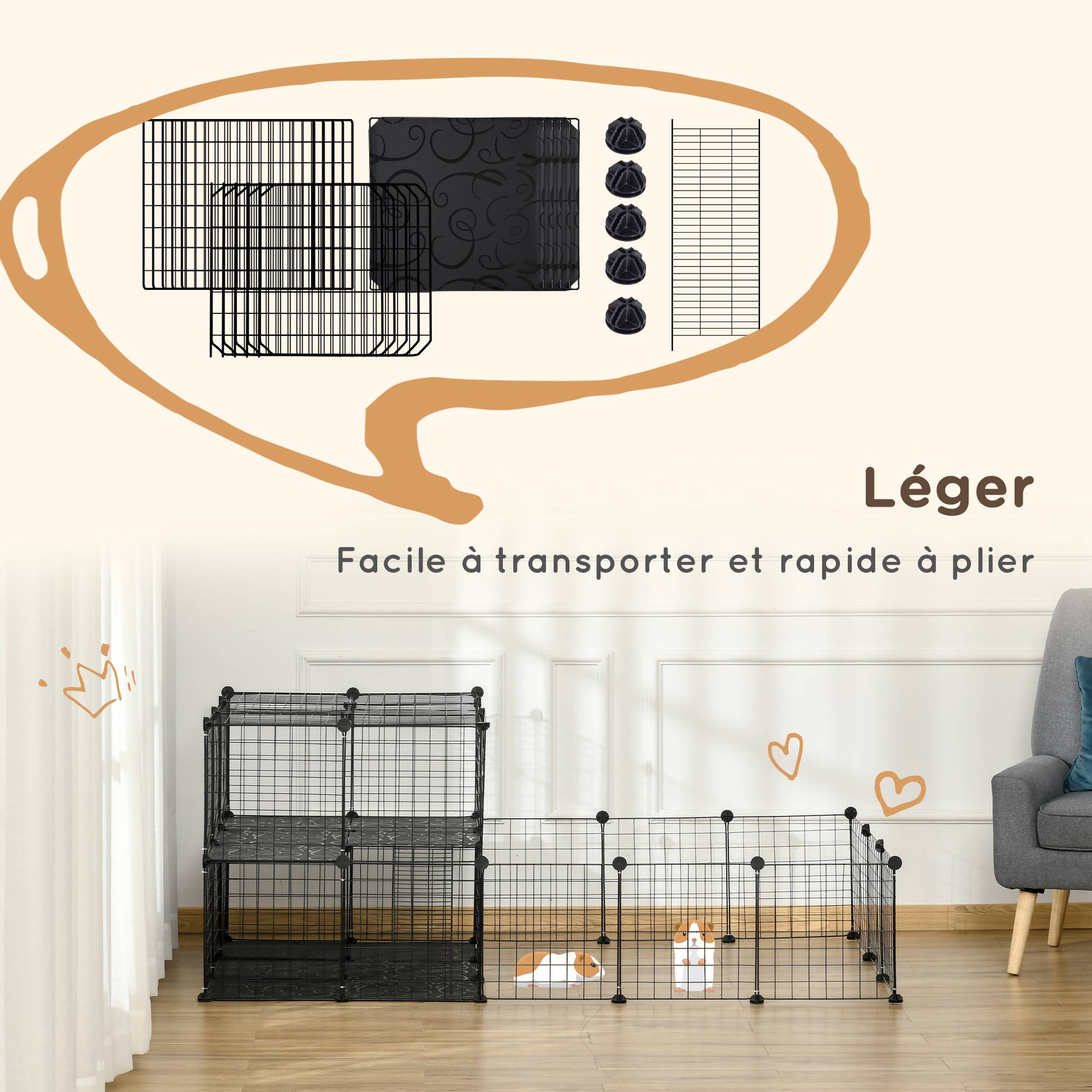 Parc enclos modulable DIY 2 niveaux 45 panneaux grillagés, hamster lapin cochon d'inde, 175x105x70cm, noir - Image 9