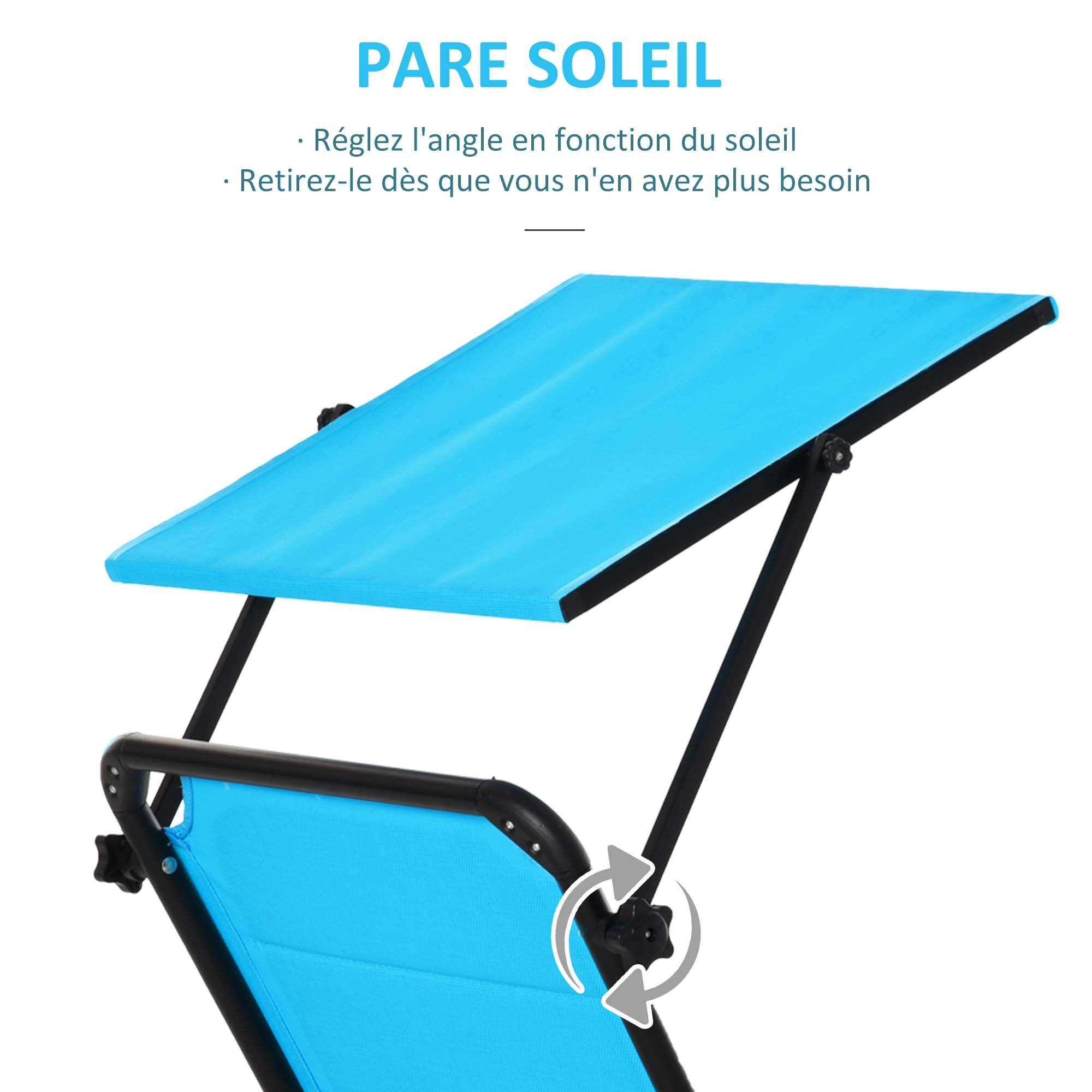 Outsunny - Bain de soleil transat pliable grand confort dossier pare-soleil réglables multi-positions alu. textilène bleu - Outsunny - Image 5