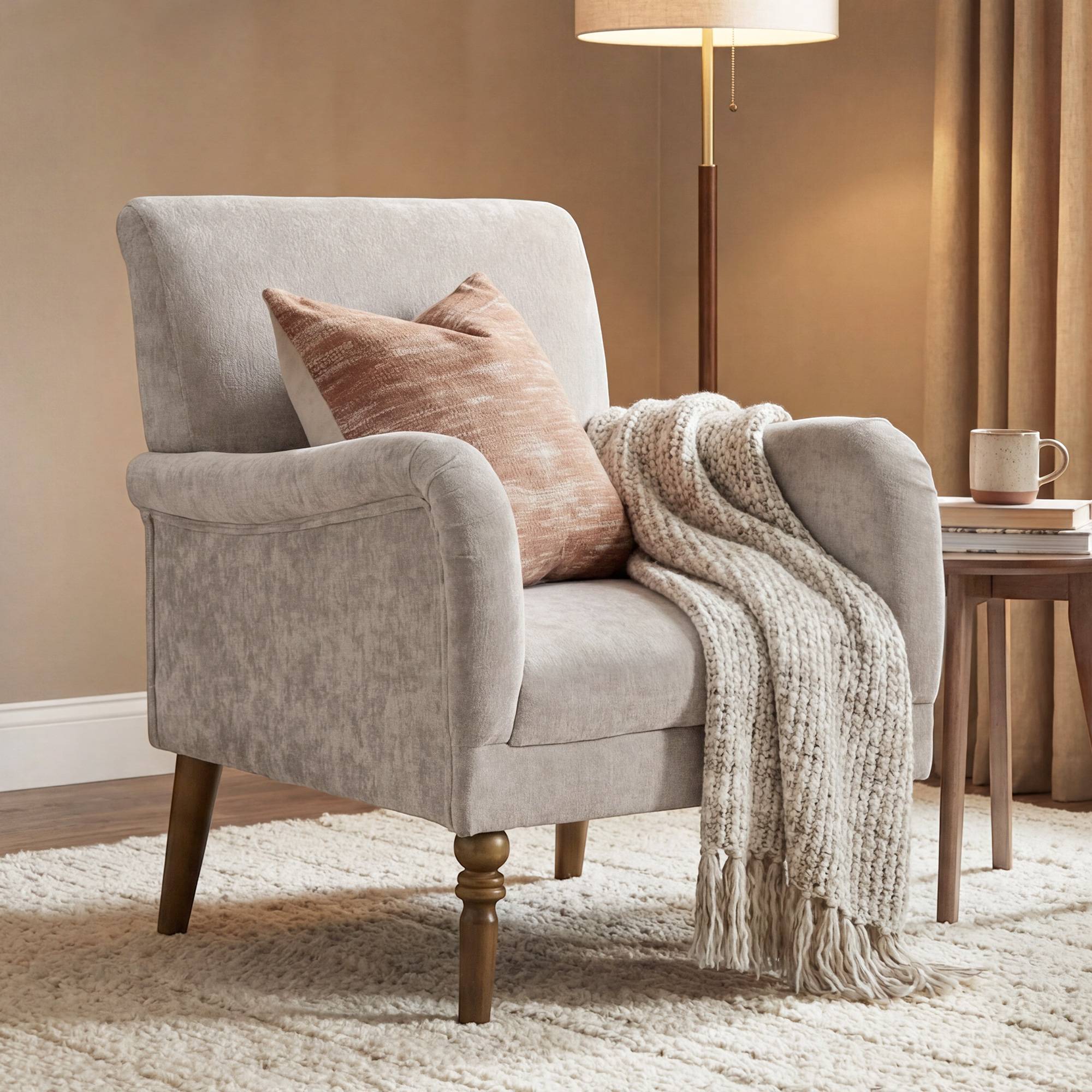 Fauteuil de salon, canapé 1 place avec dossier haut, accoudoirs, assise large, pieds en bois d'hévéa, tissu en lin, gris - Image 4