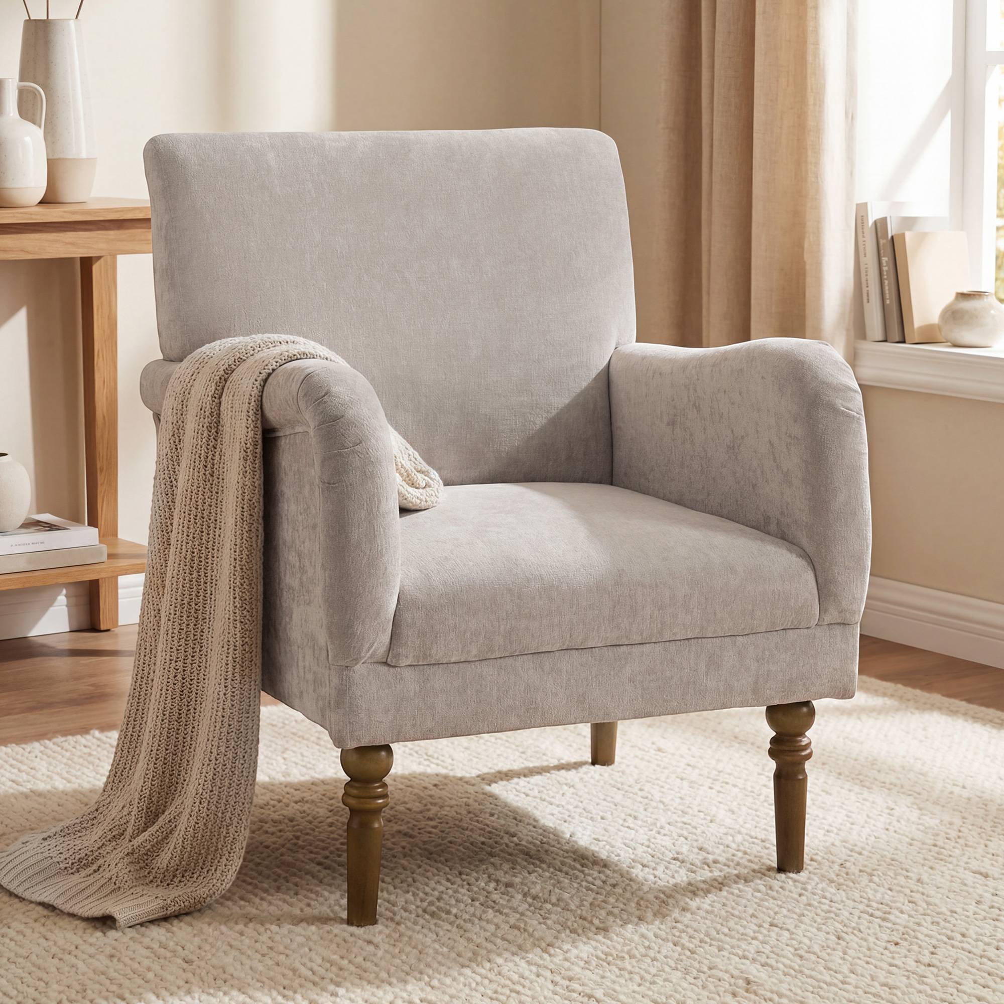 Fauteuil de salon, canapé 1 place avec dossier haut, accoudoirs, assise large, pieds en bois d'hévéa, tissu en lin, gris - Image 10