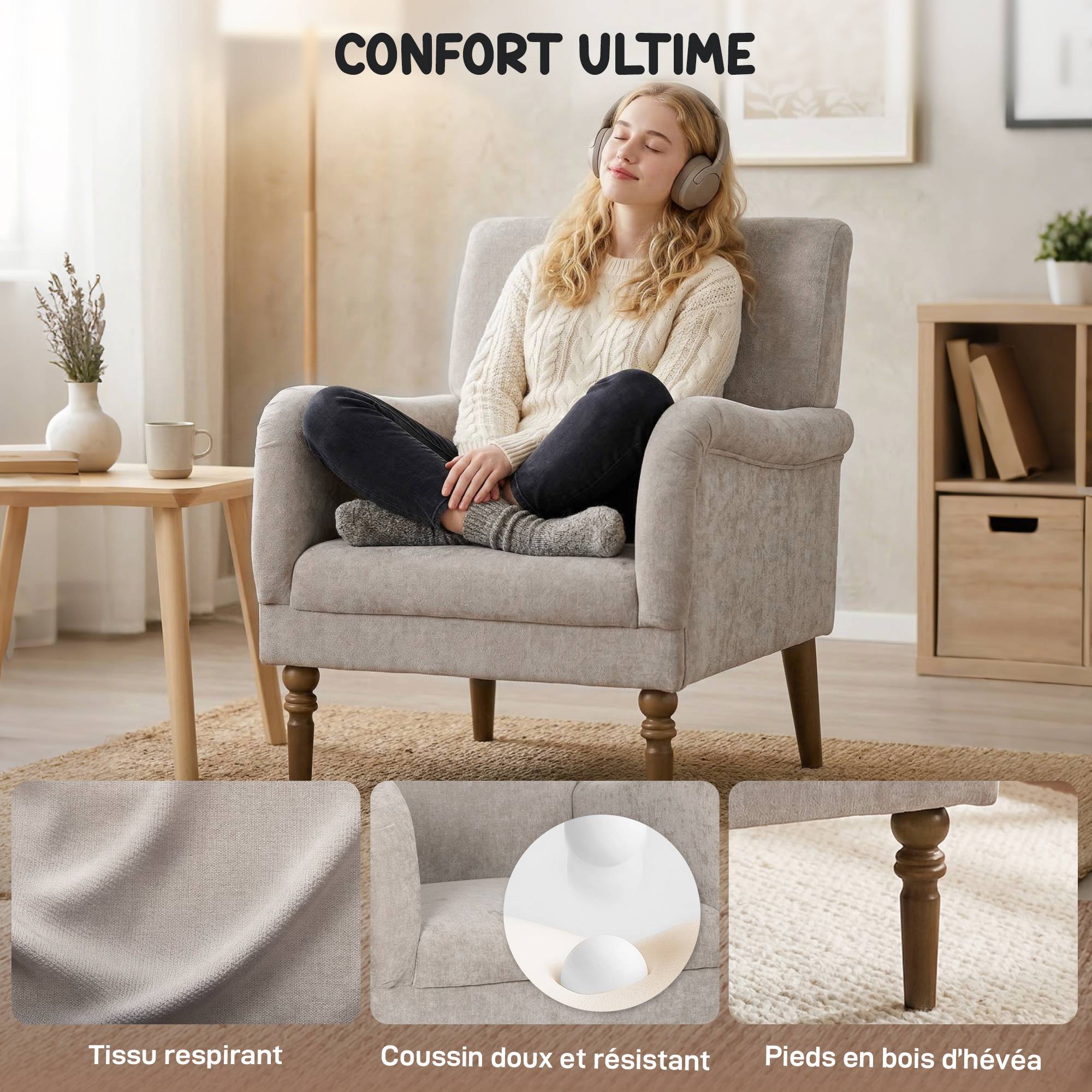 Fauteuil de salon, canapé 1 place avec dossier haut, accoudoirs, assise large, pieds en bois d'hévéa, tissu en lin, gris - Image 6