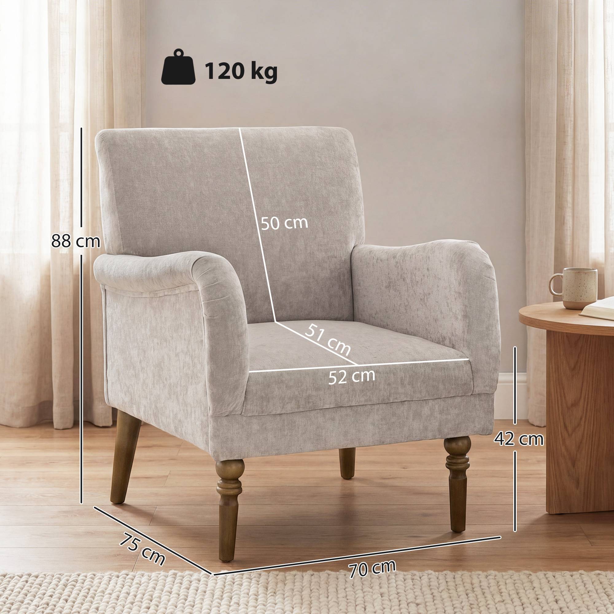 Fauteuil de salon, canapé 1 place avec dossier haut, accoudoirs, assise large, pieds en bois d'hévéa, tissu en lin, gris - Image 5