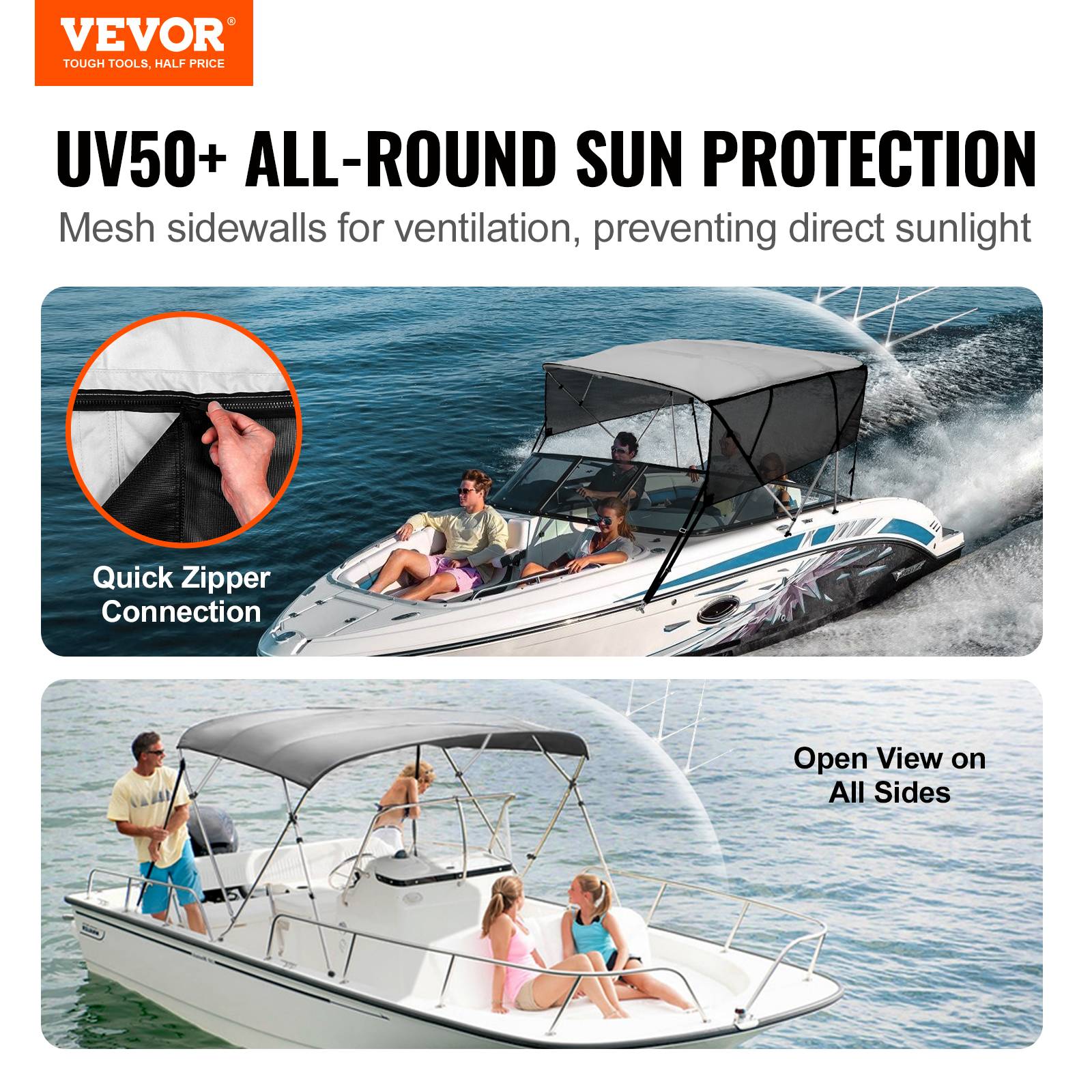 Vevor - VEVOR Bimini bateau 4 arceaux, 243x137x231-244 cm, alu, polyester 600D, mailles amovibles. - Image 2