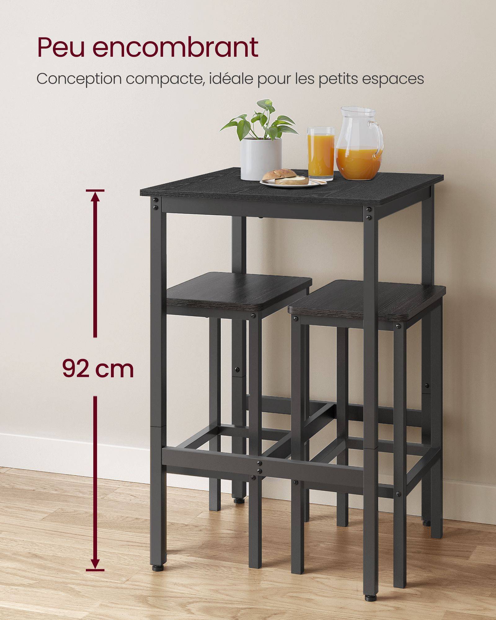Helloshop26 - Table haute table de bar carrée cadre en acier 60 x 60 x 92 cm montage facile pour cuisine salon style industriel noir - Image 2
