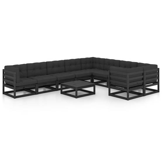 Helloshop26 - Salon de jardin meuble d'extérieur ensemble de mobilier 10 pièces avec coussins noir bois de pin massif - Image 1