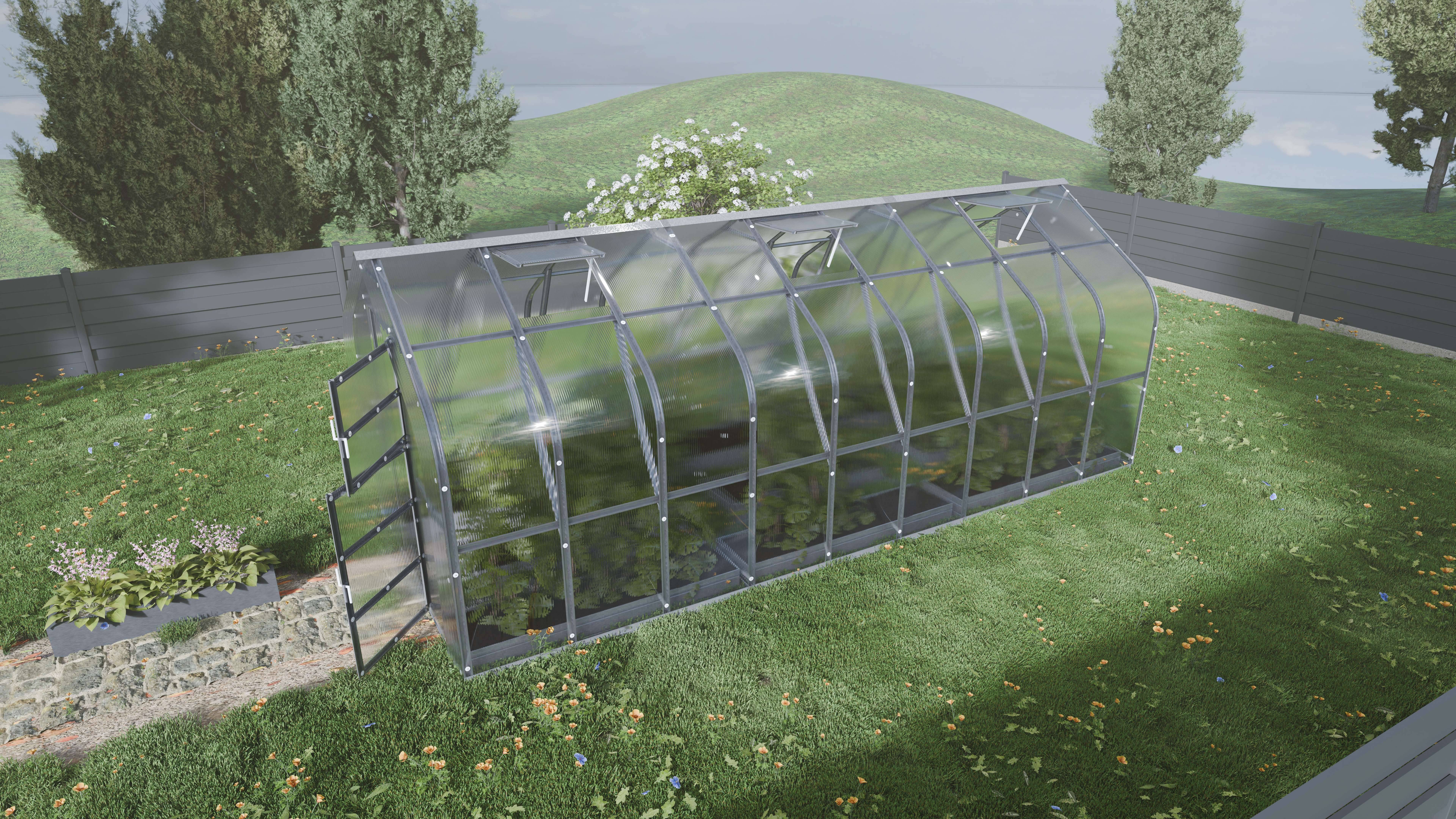 Serre polycarbonate 15m² avec 3 toits ouvrants automatiques et structure en acier galvanisé – Klasika greenhouses - Image 1