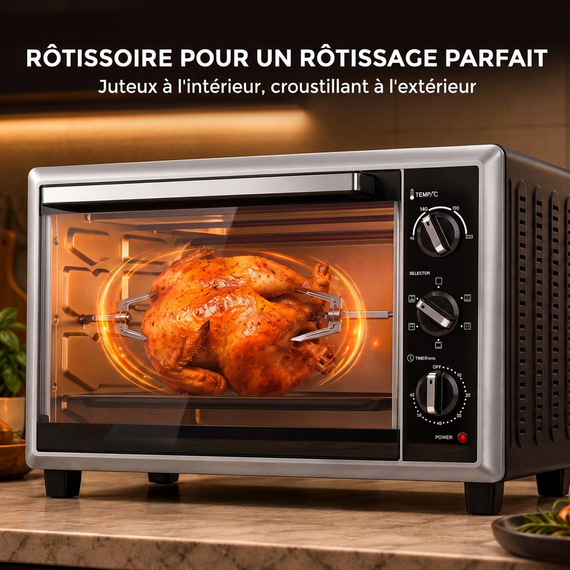 Mini four électrique avec broche rotative 46L 1800W, four multifonction à convection, chaleur tournante, minuterie, noir - Image 8