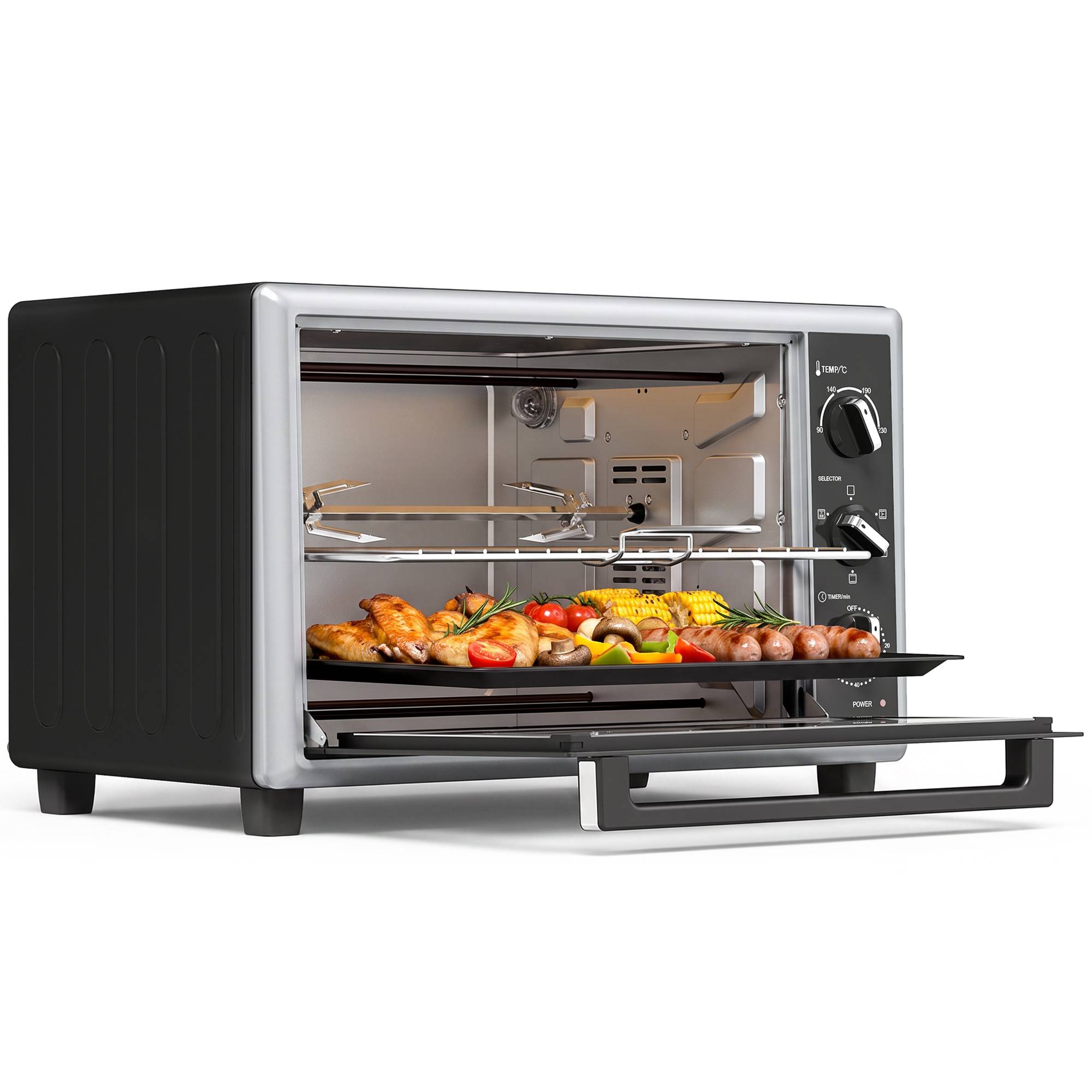 Mini four électrique avec broche rotative 46L 1800W, four multifonction à convection, chaleur tournante, minuterie, noir - Image 2