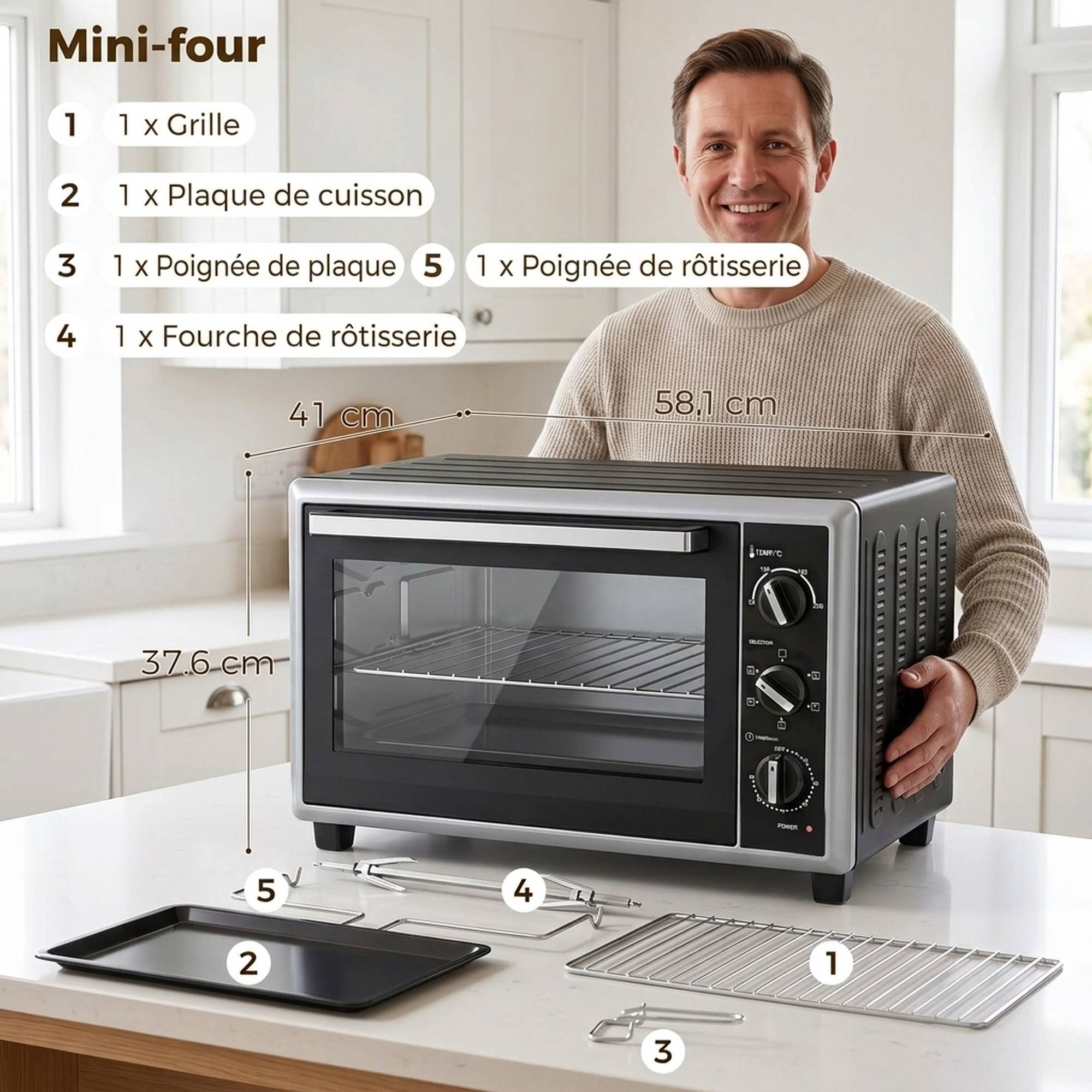 Mini four électrique avec broche rotative 46L 1800W, four multifonction à convection, chaleur tournante, minuterie, noir - Image 5