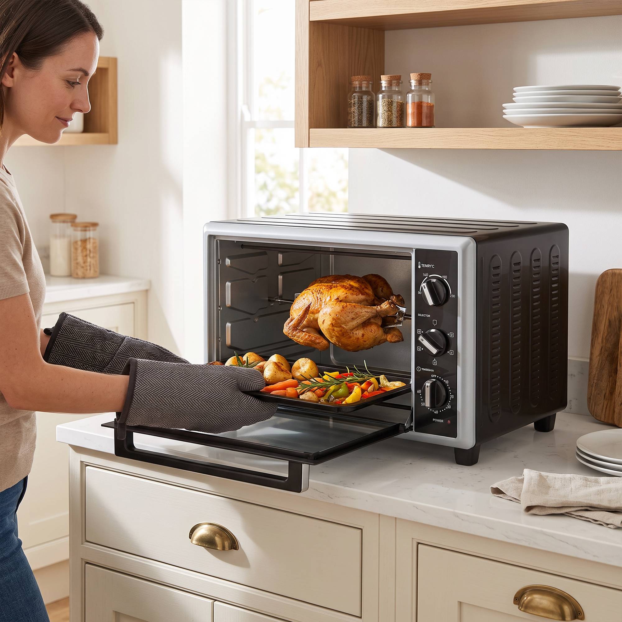 Mini four électrique avec broche rotative 46L 1800W, four multifonction à convection, chaleur tournante, minuterie, noir - Image 10
