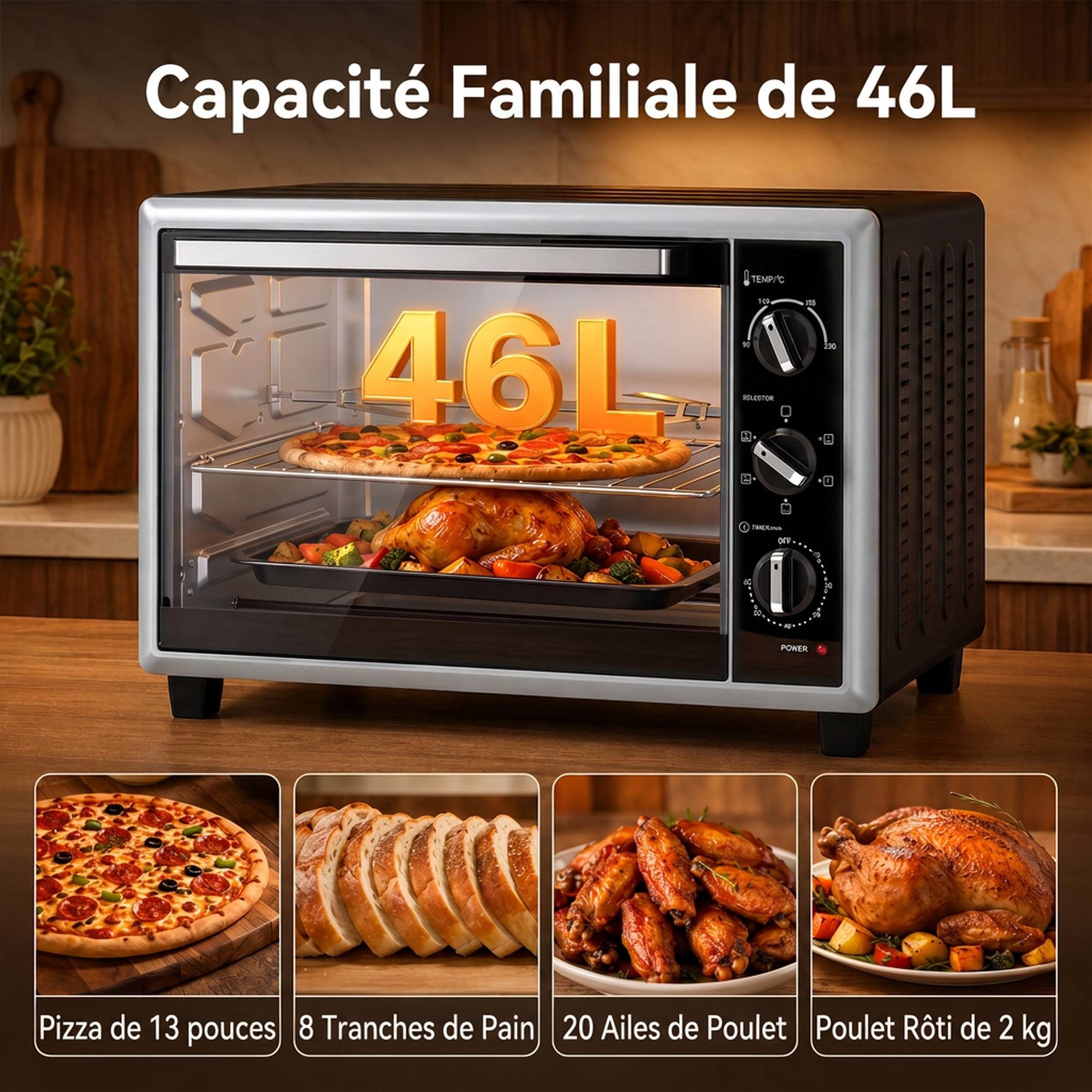 Mini four électrique avec broche rotative 46L 1800W, four multifonction à convection, chaleur tournante, minuterie, noir - Image 7