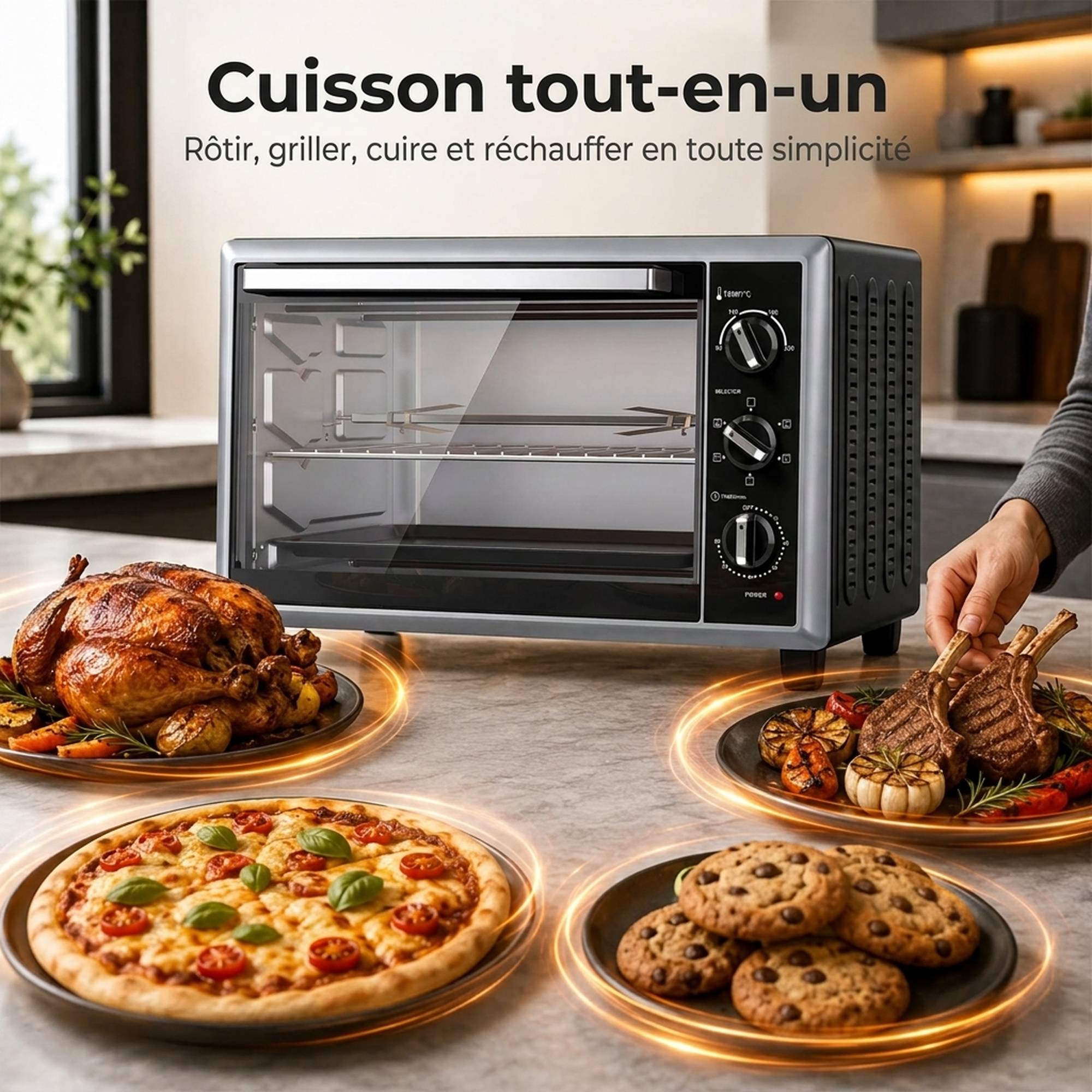 Mini four électrique avec broche rotative 46L 1800W, four multifonction à convection, chaleur tournante, minuterie, noir - Image 6