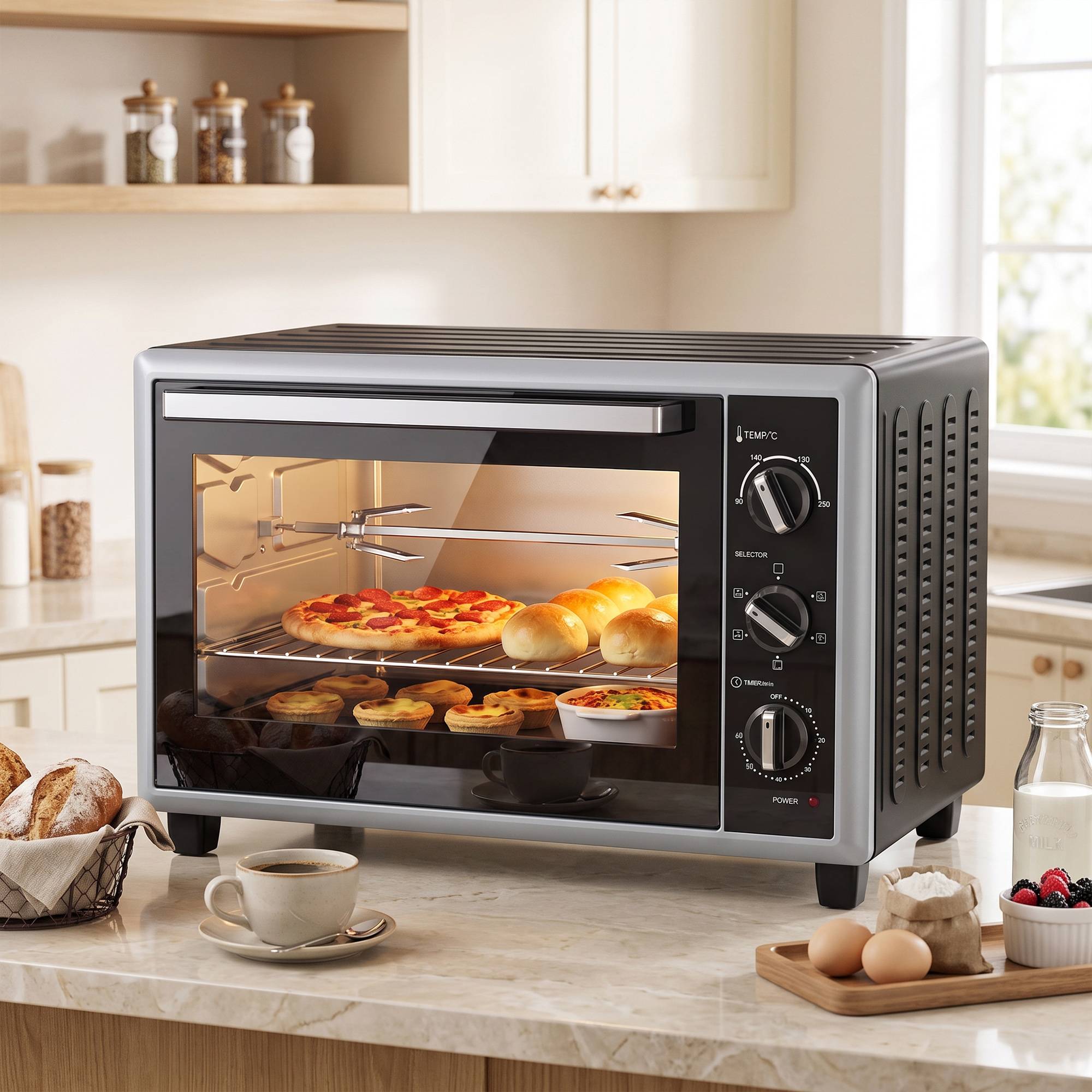 Mini four électrique avec broche rotative 46L 1800W, four multifonction à convection, chaleur tournante, minuterie, noir - Image 4